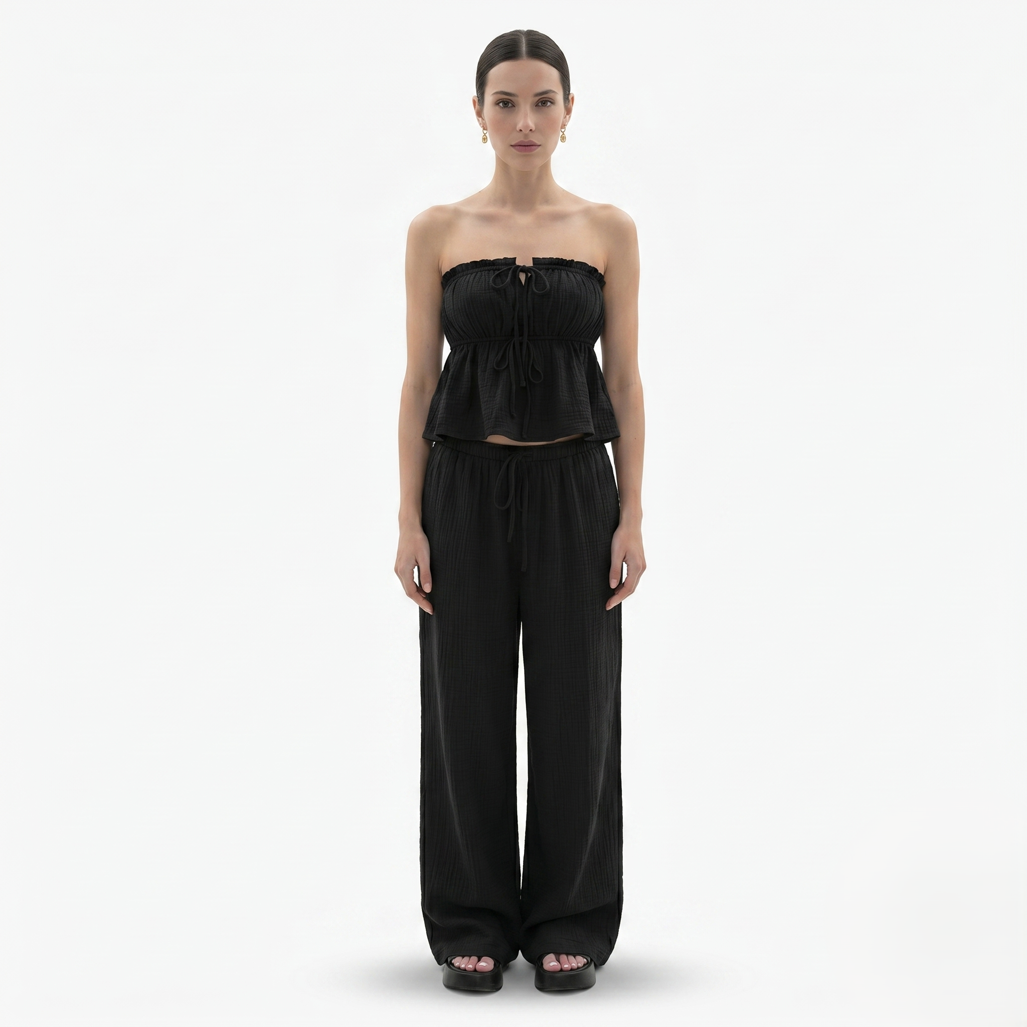 Oldevaine | Two-Piece Strapless Top and Wide-Leg Pants Set
