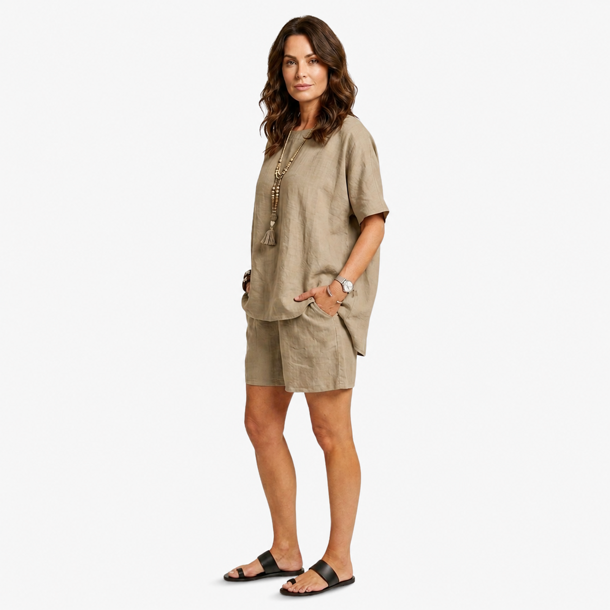 Oldevaine | Two Piece High-Low Hem Top and Linen Blend Shorts Set