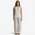 Oldevaine | Two Piece Loose Fit Linen V-Neck Sleeveless Top and Wide Leg Pants Set