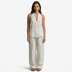 Oldevaine | Two Piece Loose Fit Linen V-Neck Sleeveless Top and Wide Leg Pants Set