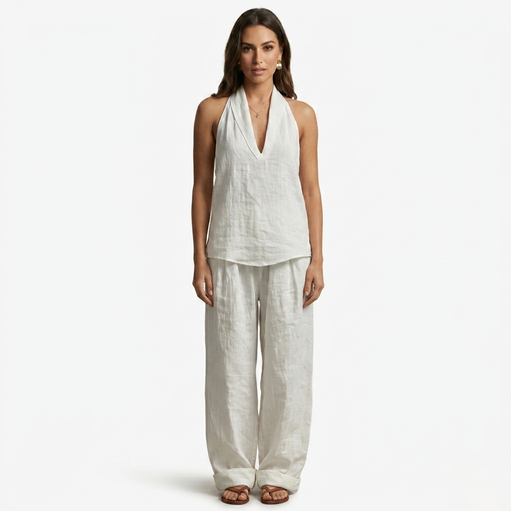 Oldevaine | Two Piece Loose Fit Linen V-Neck Sleeveless Top and Wide Leg Pants Set