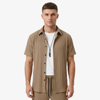 Oldevaine | Two Piece Pleated Textured Button Shirt and Shorts Set
