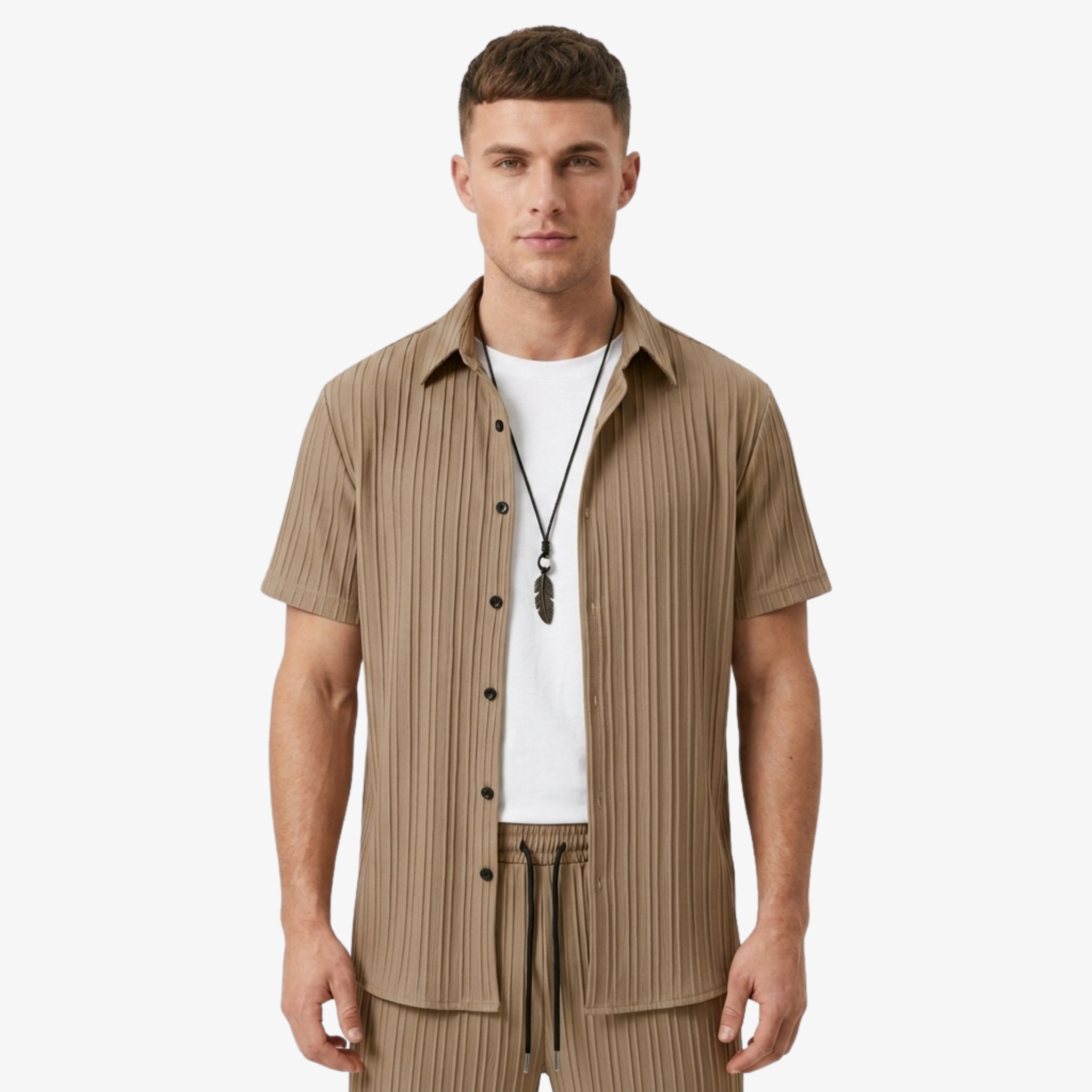 Oldevaine | Two Piece Pleated Textured Button Shirt and Shorts Set