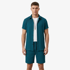 Oldevaine | Two Piece Pleated Textured Button Shirt and Shorts Set