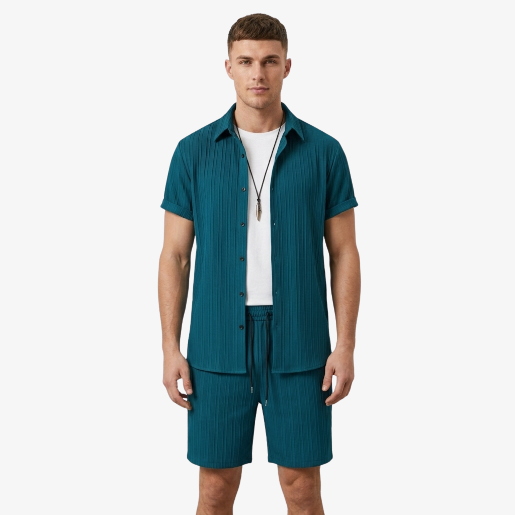 Oldevaine | Two Piece Pleated Textured Button Shirt and Shorts Set