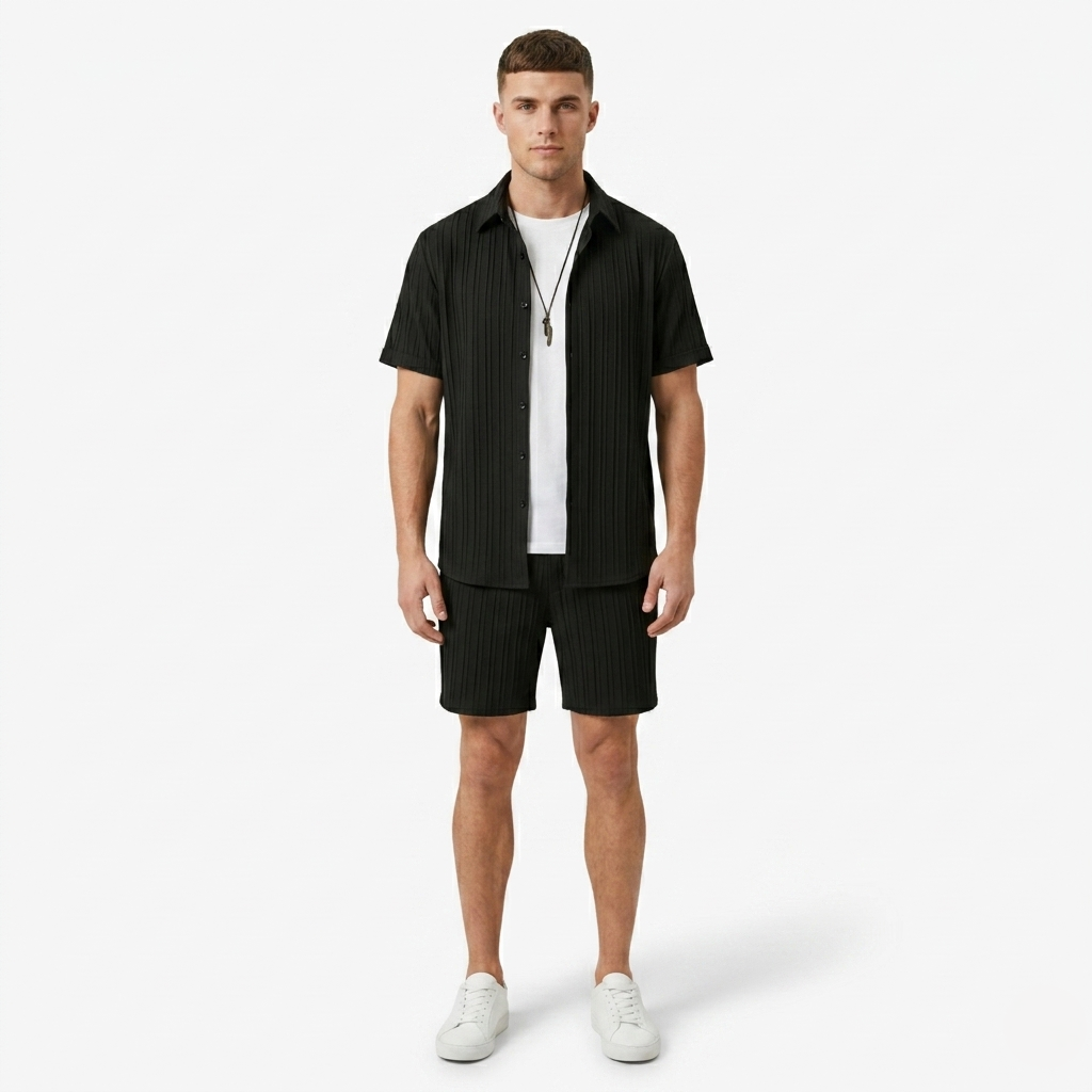 Oldevaine | Two Piece Pleated Textured Button Shirt and Shorts Set