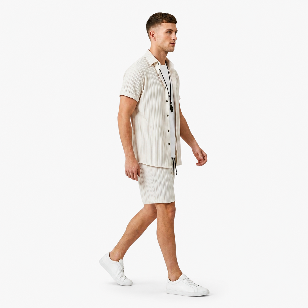 Oldevaine | Two Piece Pleated Textured Button Shirt and Shorts Set