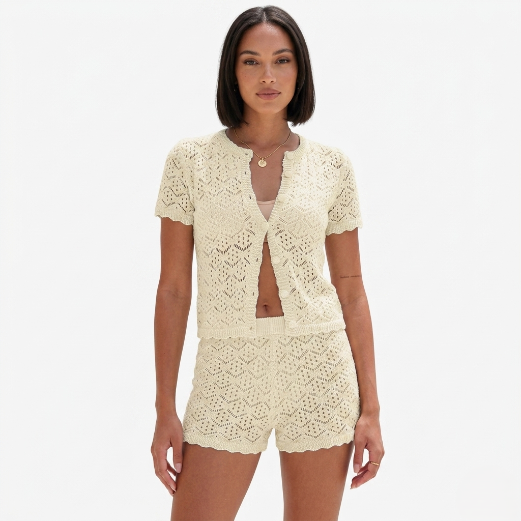 Oldevaine | Two Piece Pointelle Knit Cardigan and Shorts Set