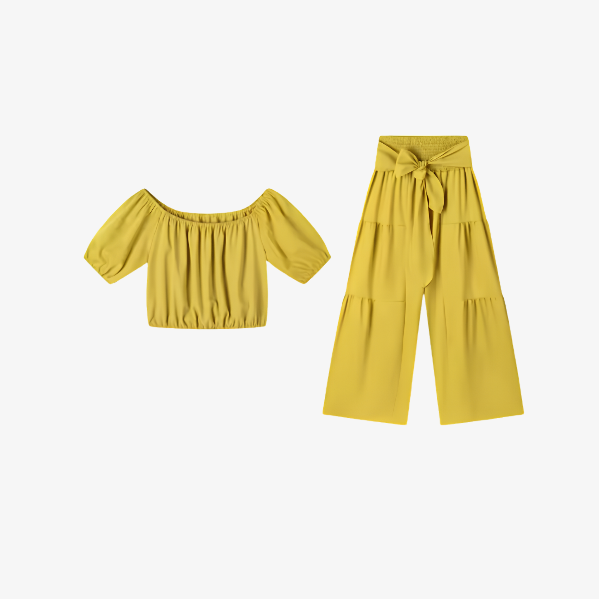 Oldevaine | Two Piece Puff Sleeve Off Shoulder Top and Wide Leg Waist Tie Pants Set