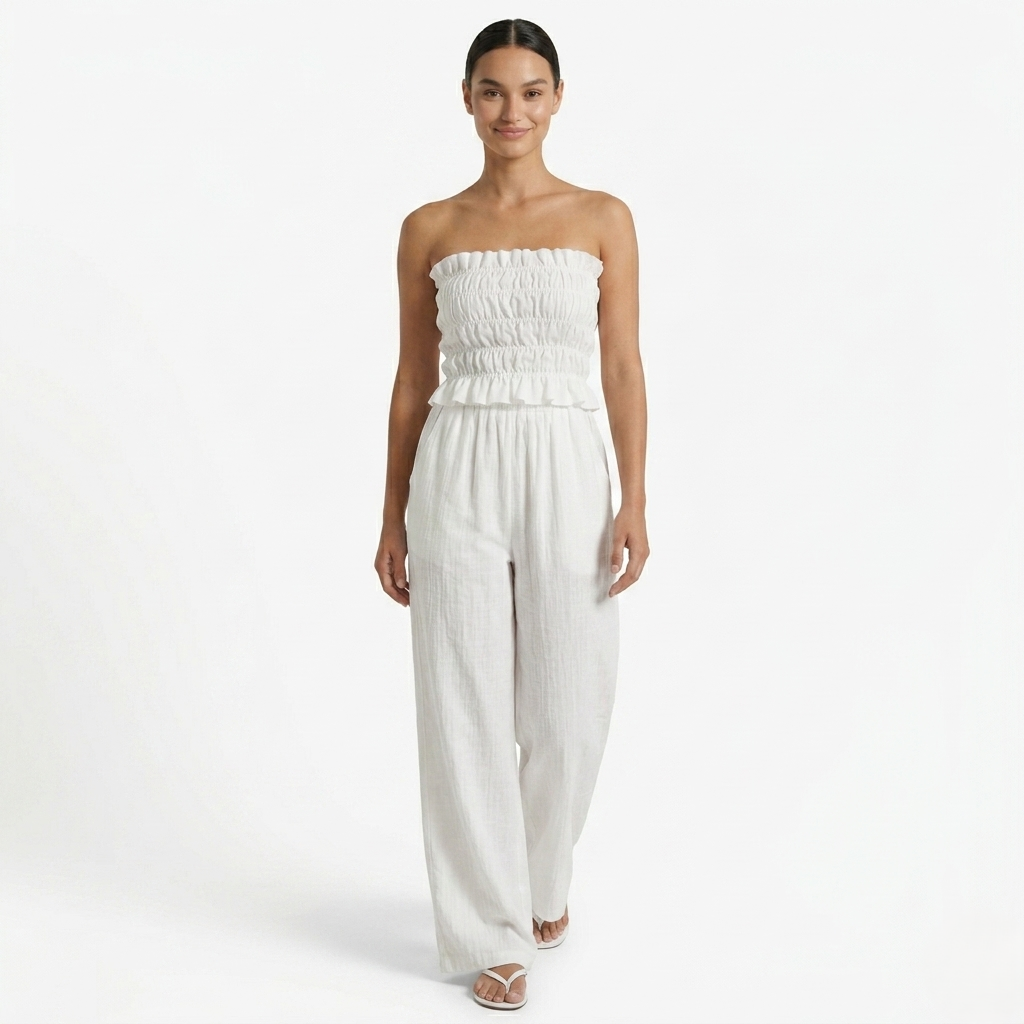 Oldevaine | Two Piece Shirred Bandeau Top and Wide Leg Trousers Set