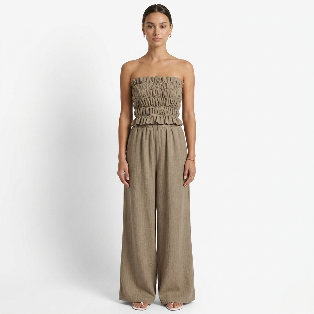 Oldevaine | Two Piece Shirred Bandeau Top and Wide Leg Trousers Set