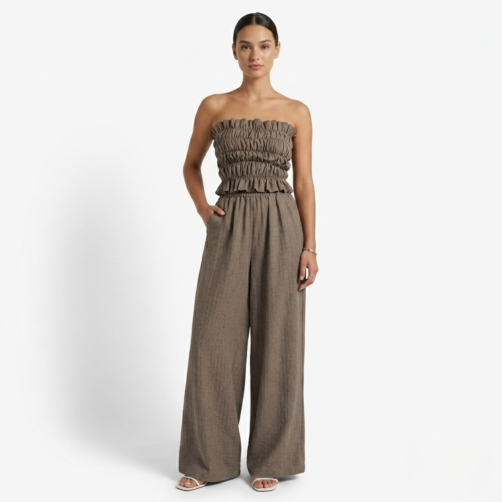 Oldevaine | Two Piece Shirred Bandeau Top and Wide Leg Trousers Set