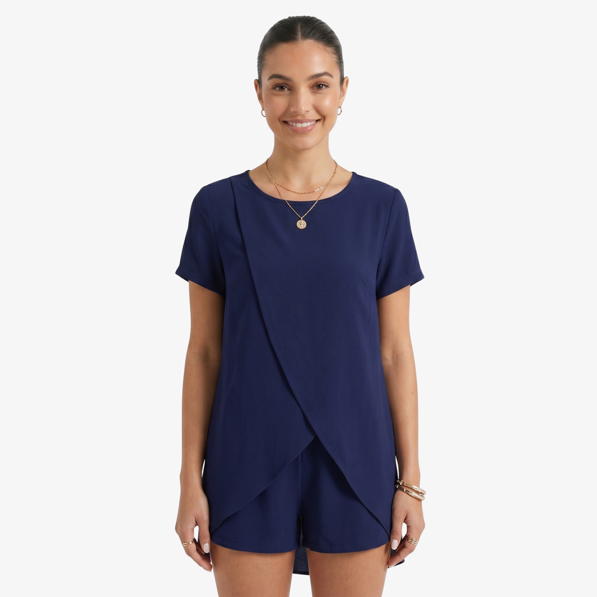Oldevaine | Two Piece Short Sleeve Layered Top and Shorts Lounge Set