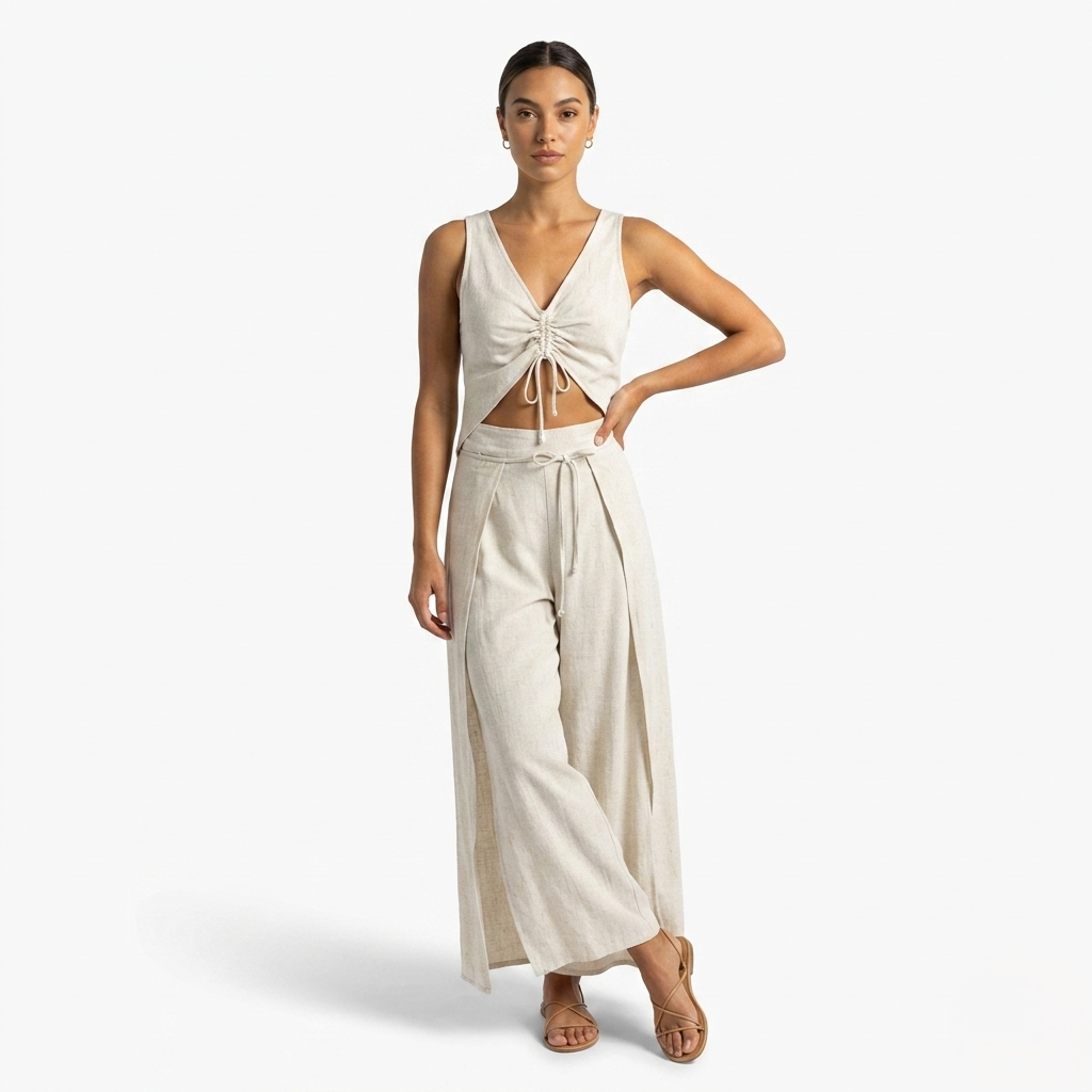 Oldevaine | Two Piece Sleeveless Drawstring Top and Wide Leg Trousers Set
