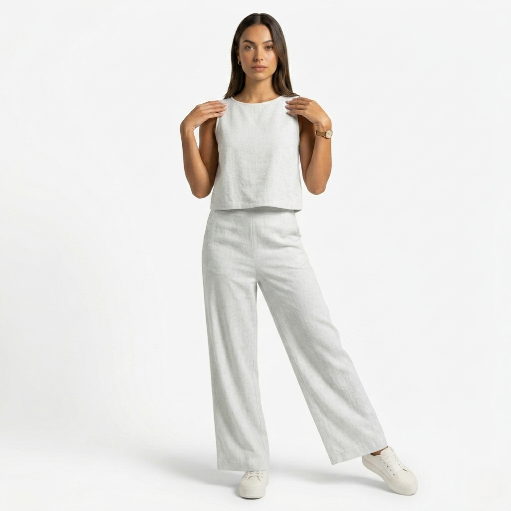 Oldevaine | Two Piece Classic Sleeveless Round Neck Wide Leg Trousers Set