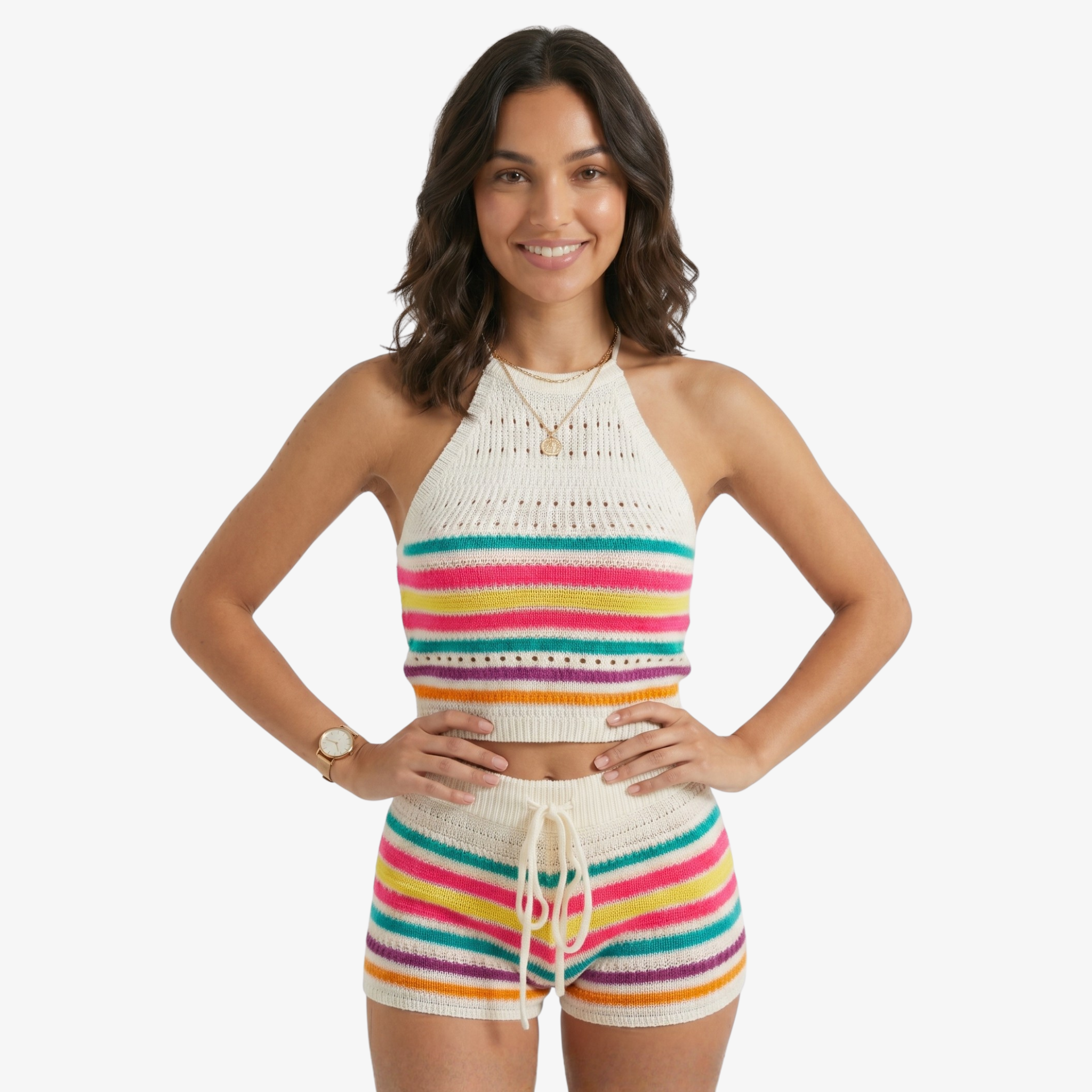 Oldevaine | Two Piece Stripe Knitted Halter Crop Top and Drawstring Shorts Set