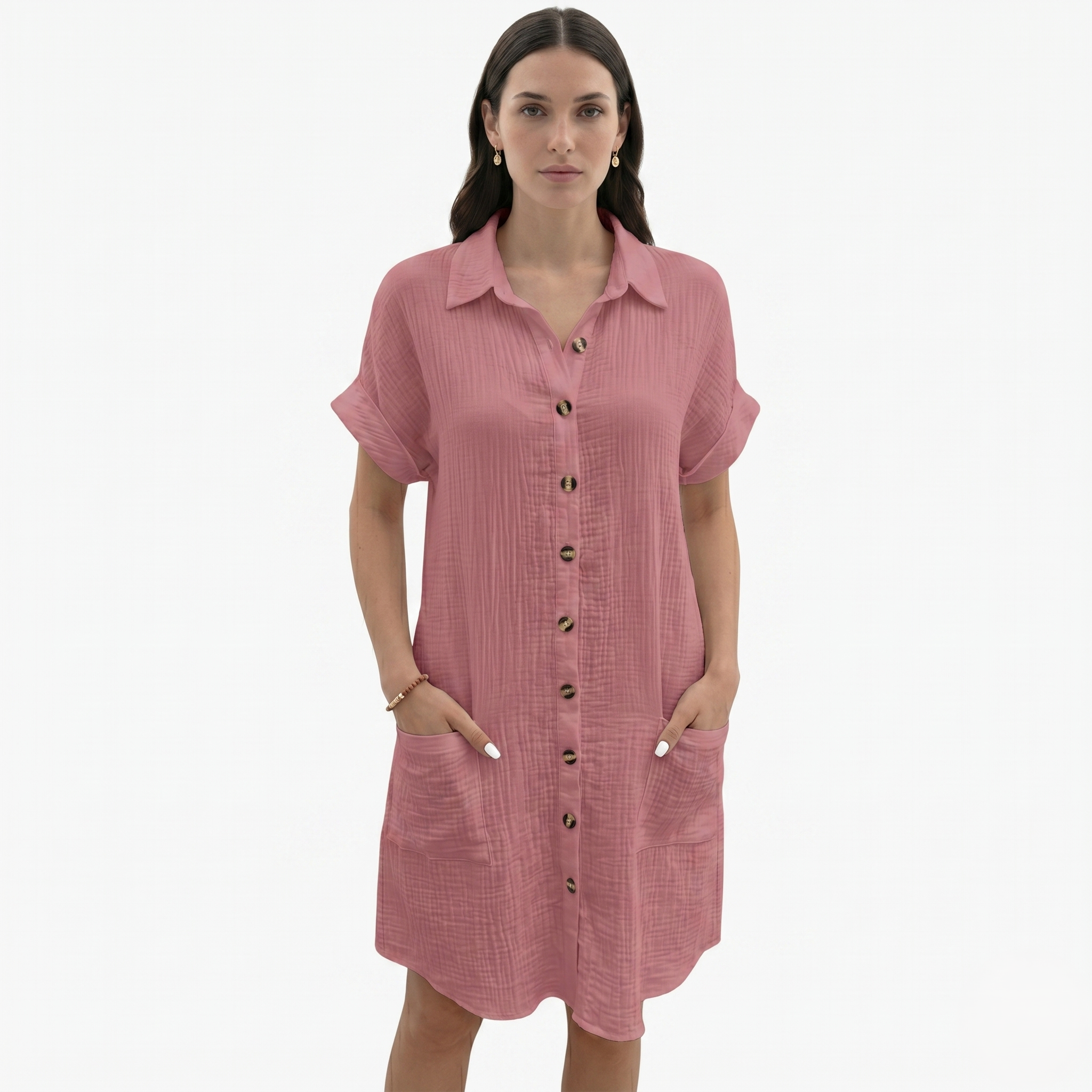 Oldevaine | Women’s Button Down Shirt Dress Collared with Pockets
