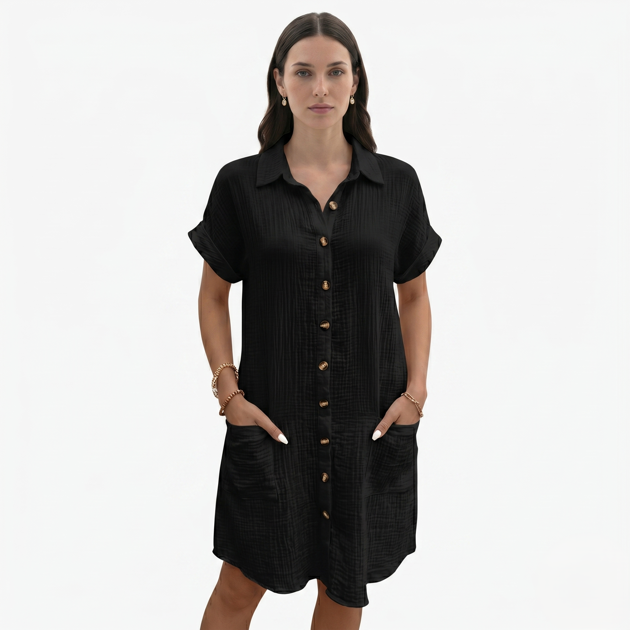Oldevaine | Women’s Button Down Shirt Dress Collared with Pockets