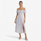 Oldevaine | Women's Floral Print Off Shoulder Midi Dress with Side Split