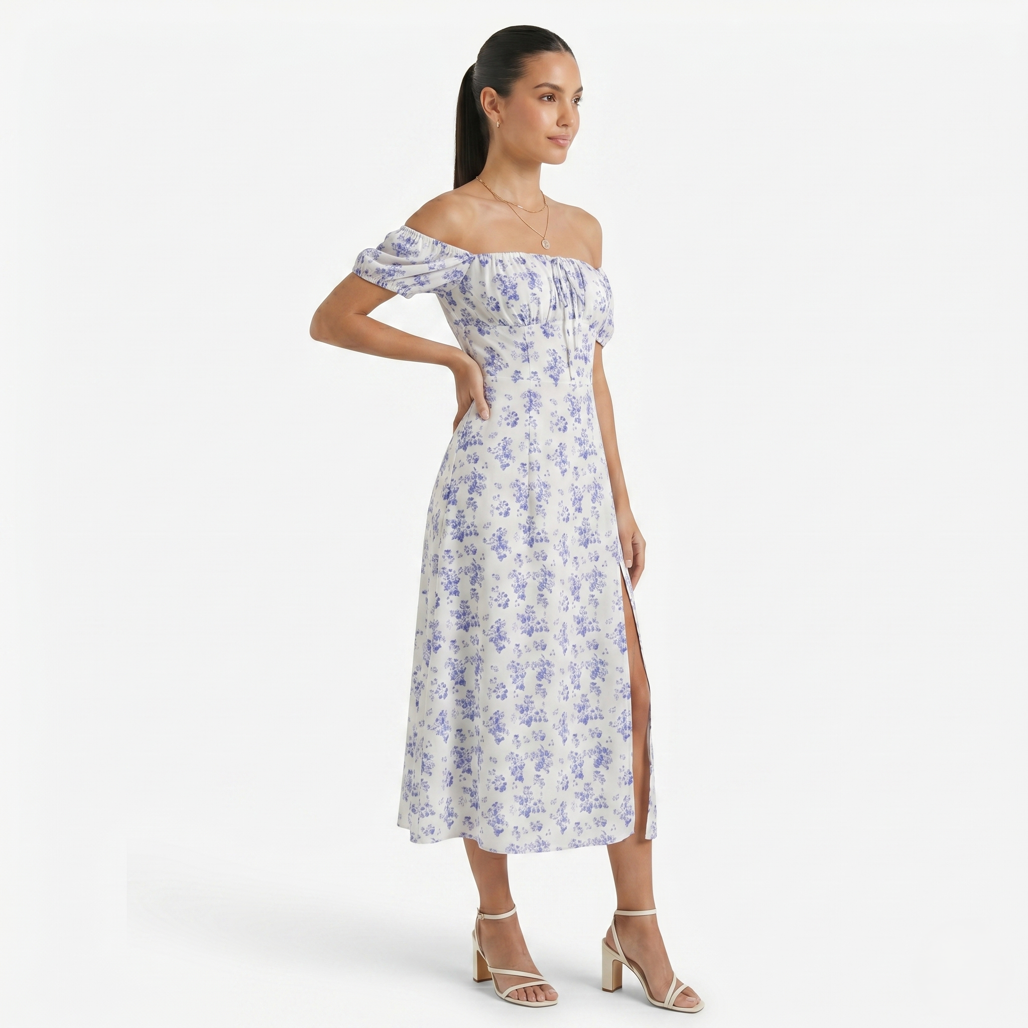 Oldevaine | Women's Floral Print Off Shoulder Midi Dress with Side Split