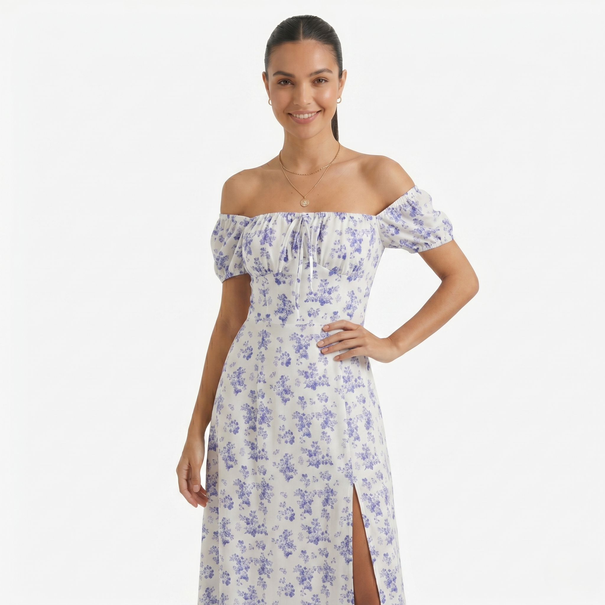 Oldevaine | Women's Floral Print Off Shoulder Midi Dress with Side Split