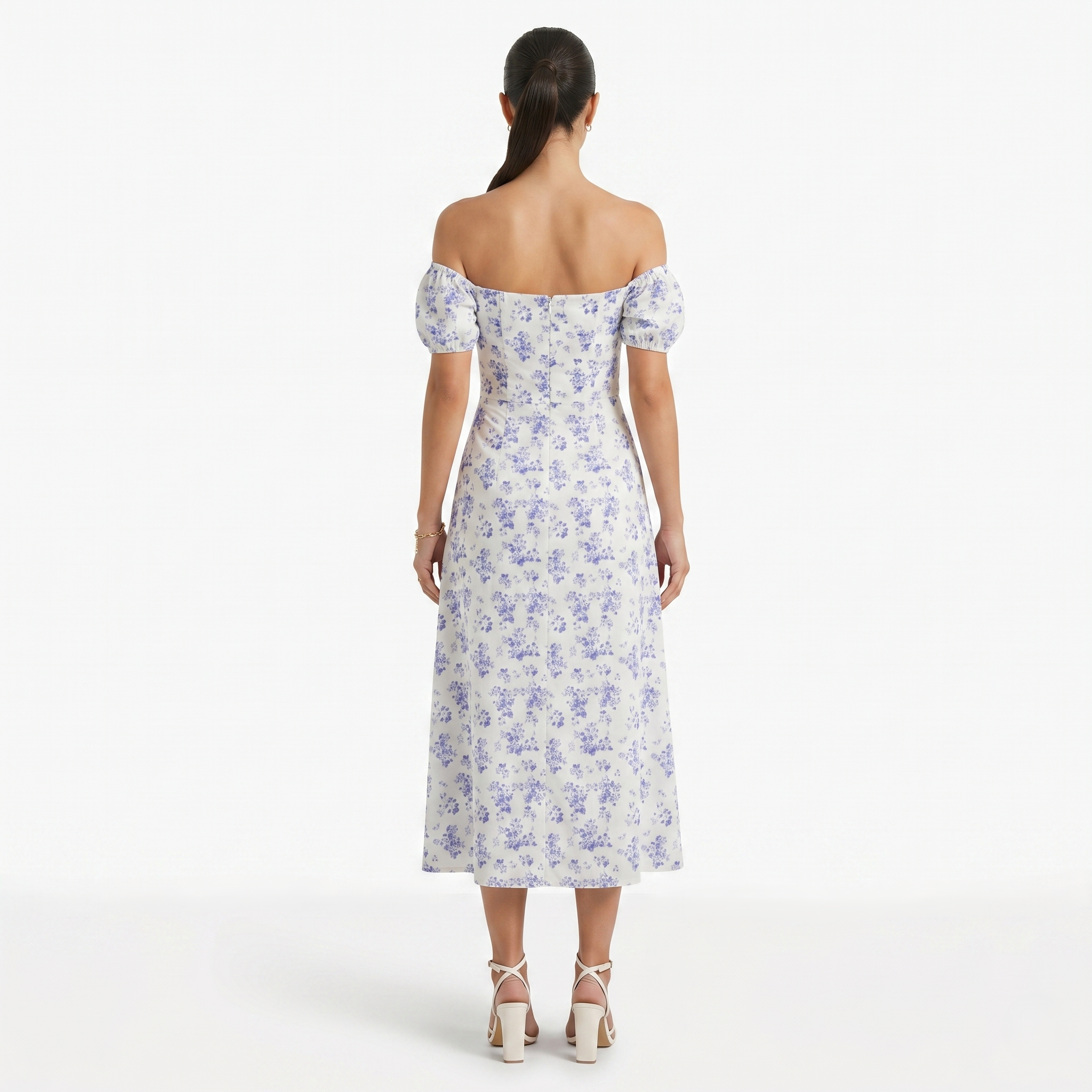 Oldevaine | Women's Floral Print Off Shoulder Midi Dress with Side Split