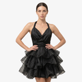 Oldevaine | Women’s Halter Mini Dress with Tiered Ruffle Skirt and Open Back