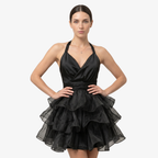 Oldevaine | Women’s Halter Mini Dress with Tiered Ruffle Skirt and Open Back
