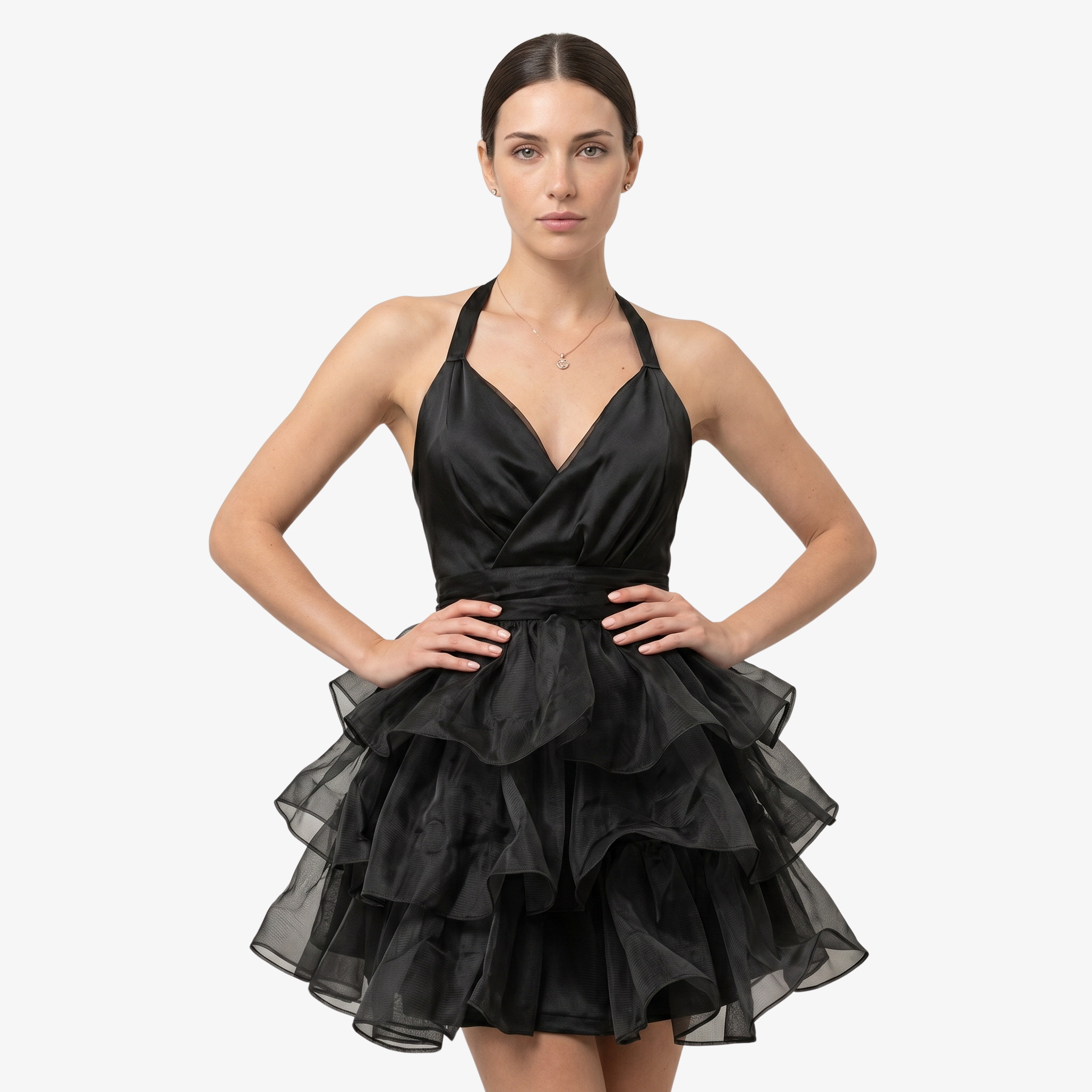 Oldevaine | Women’s Halter Mini Dress with Tiered Ruffle Skirt and Open Back