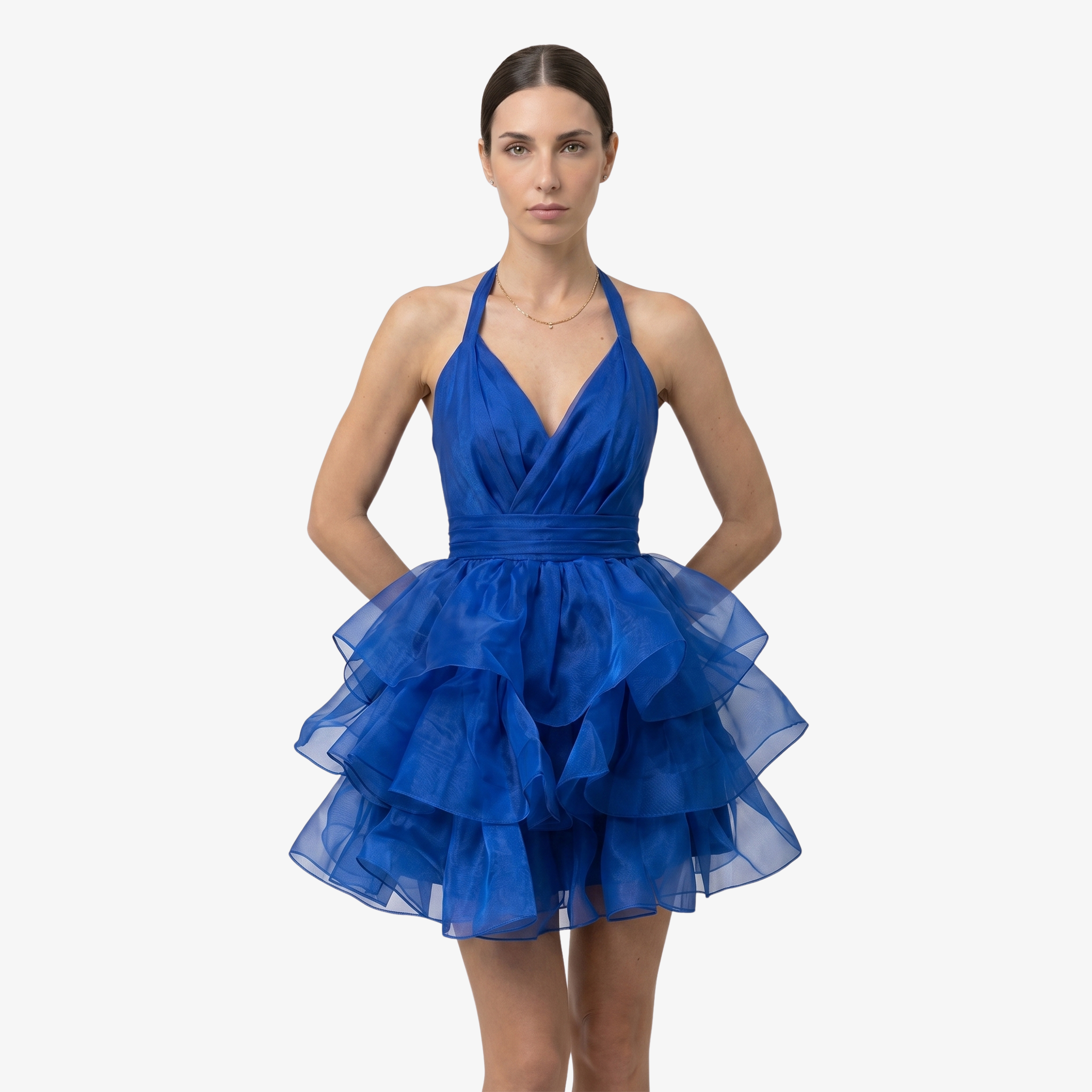 Oldevaine | Women’s Halter Mini Dress with Tiered Ruffle Skirt and Open Back