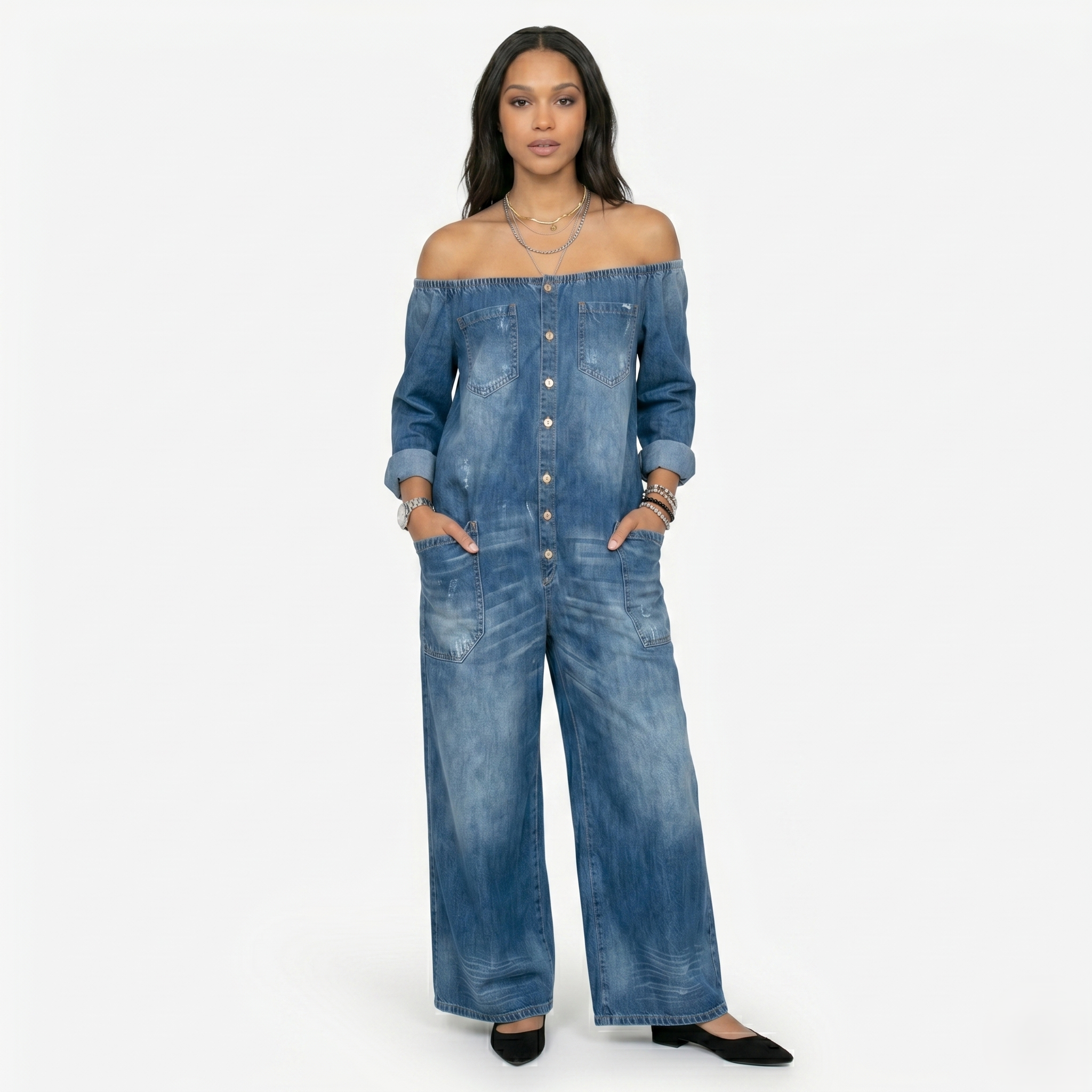 Oldevaine | Women’s Off-Shoulder Wide-Leg Jumpsuit with Pockets