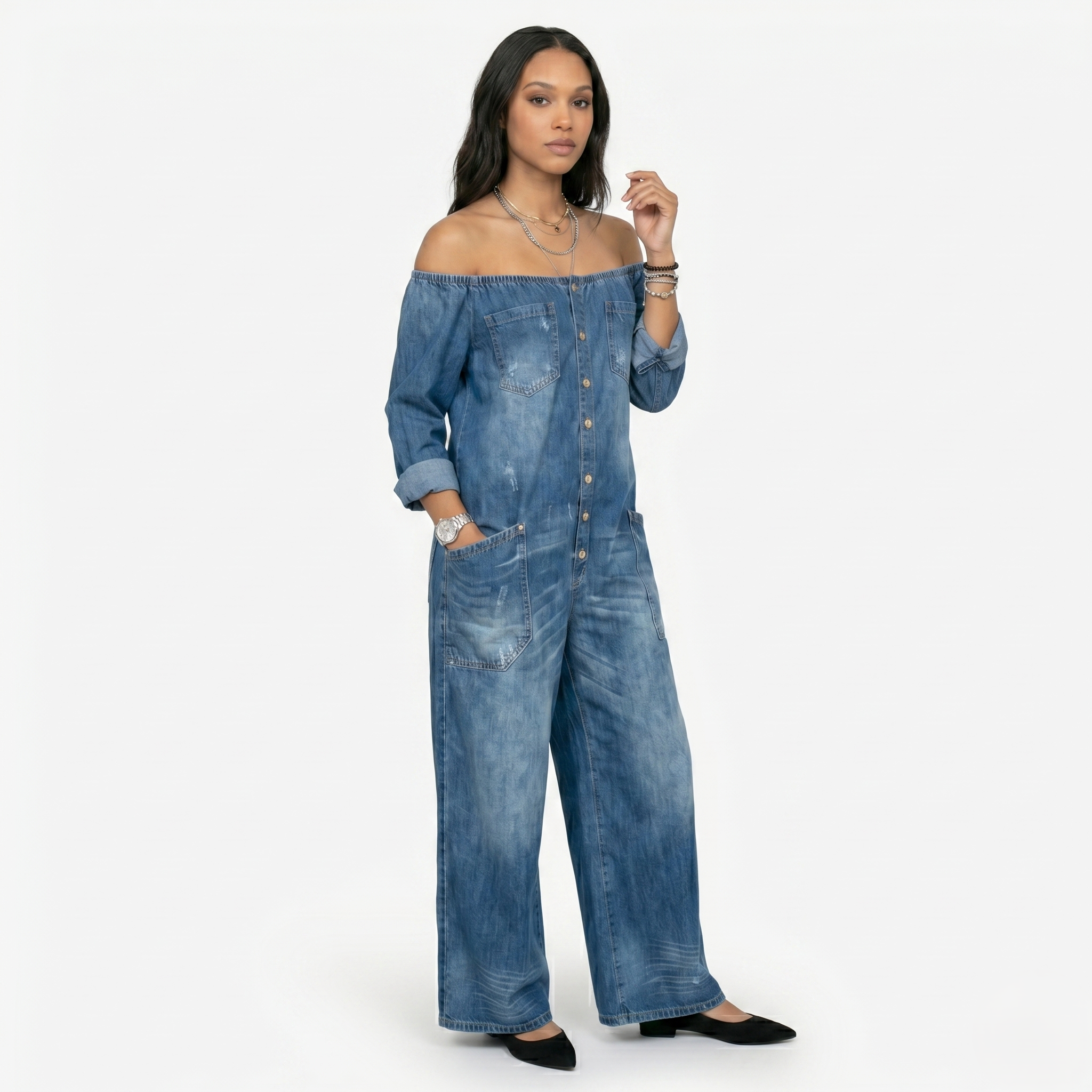Oldevaine | Women’s Off-Shoulder Wide-Leg Jumpsuit with Pockets