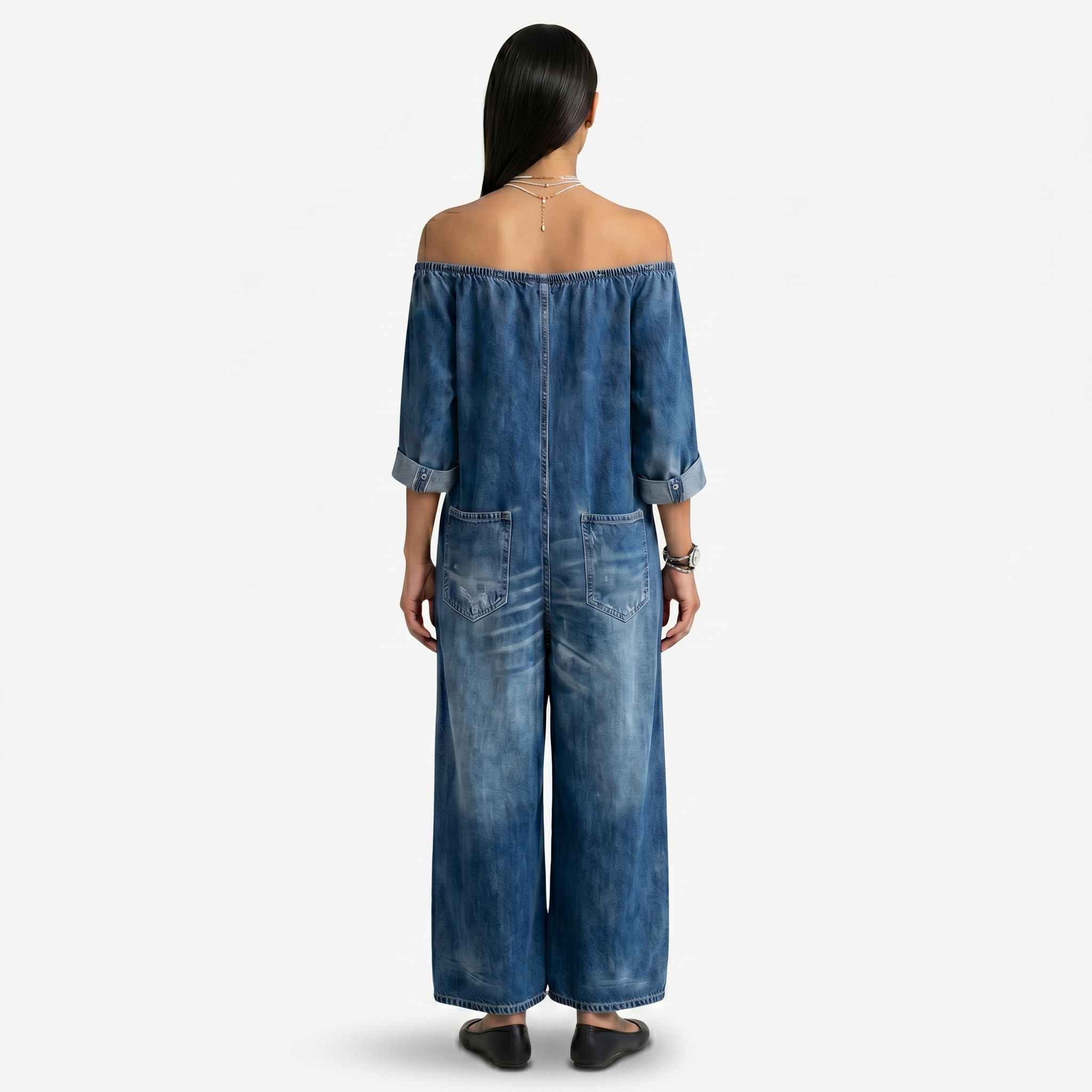 Oldevaine | Women’s Off-Shoulder Wide-Leg Jumpsuit with Pockets