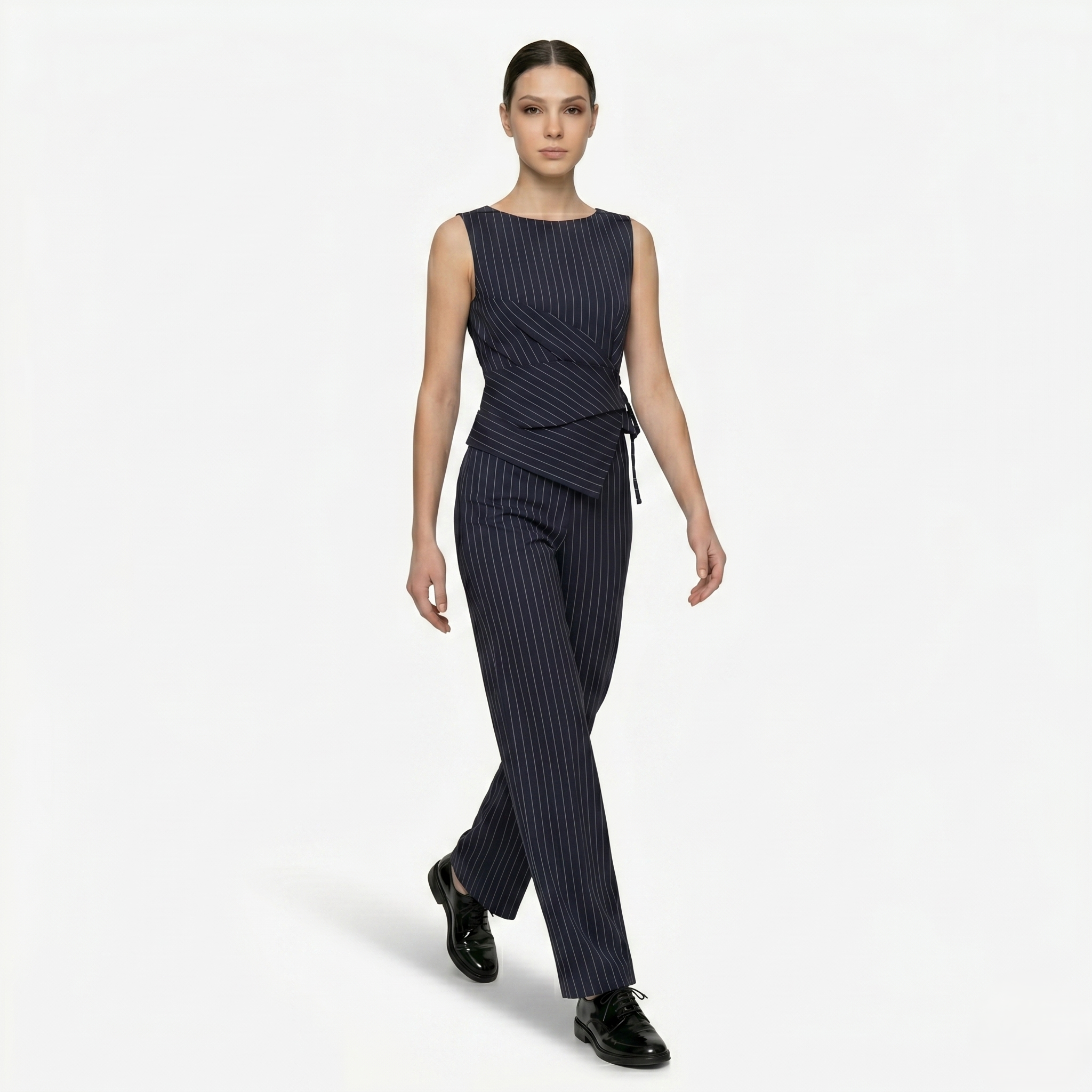 Oldevaine | Women's Pinstripe Two Piece Set Wide Leg Trousers and Top