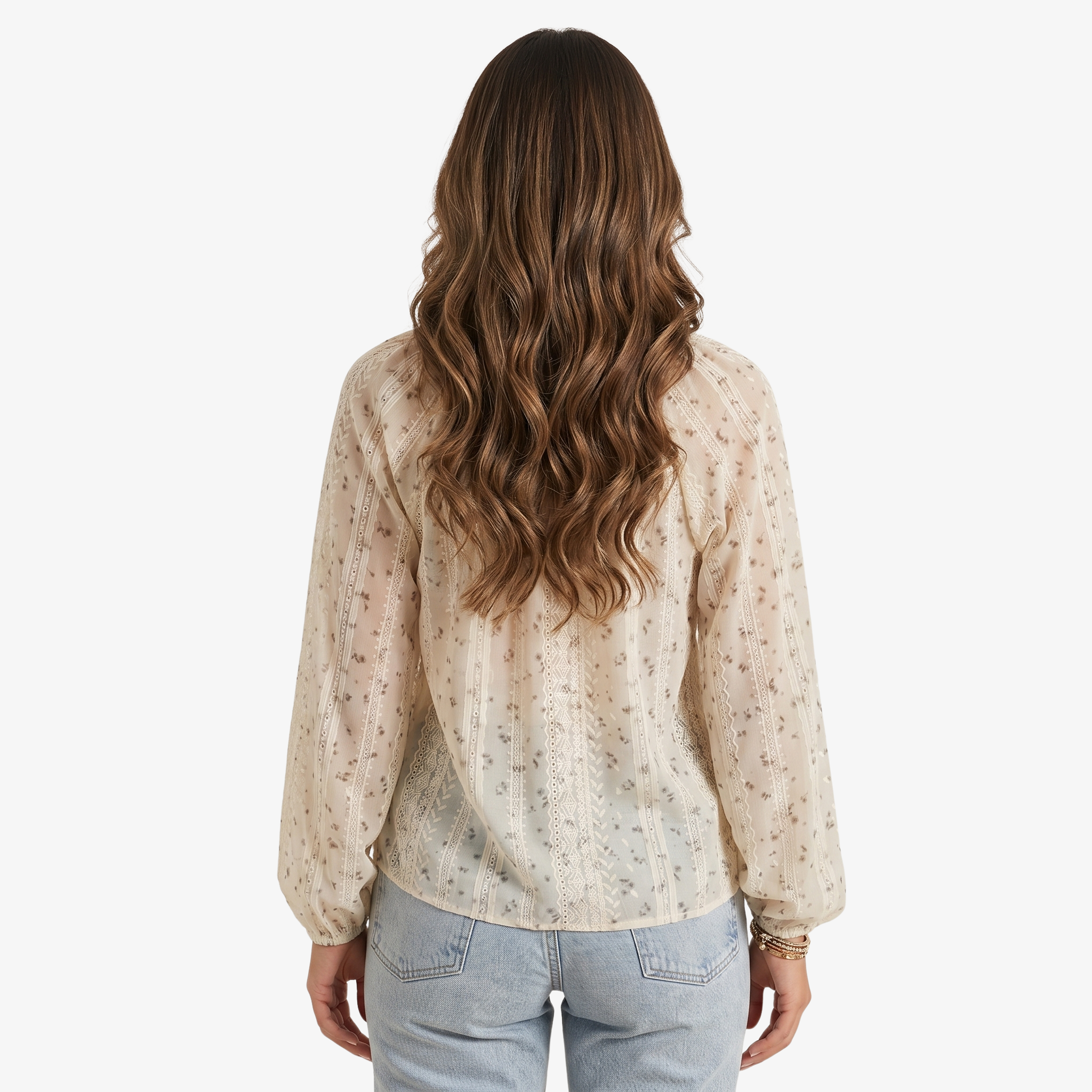 Oldevaine | Women's Printed Lace Trim Long Sleeve Boho Blouse