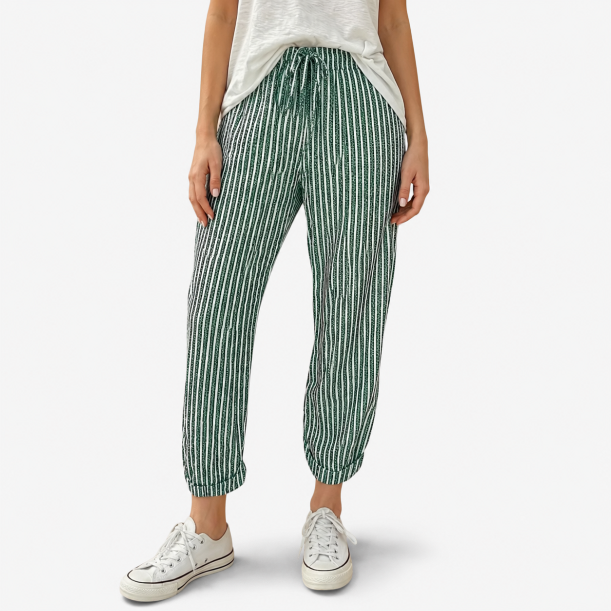 Oldevaine | Women's Striped Elastic Waist Tapered Trousers