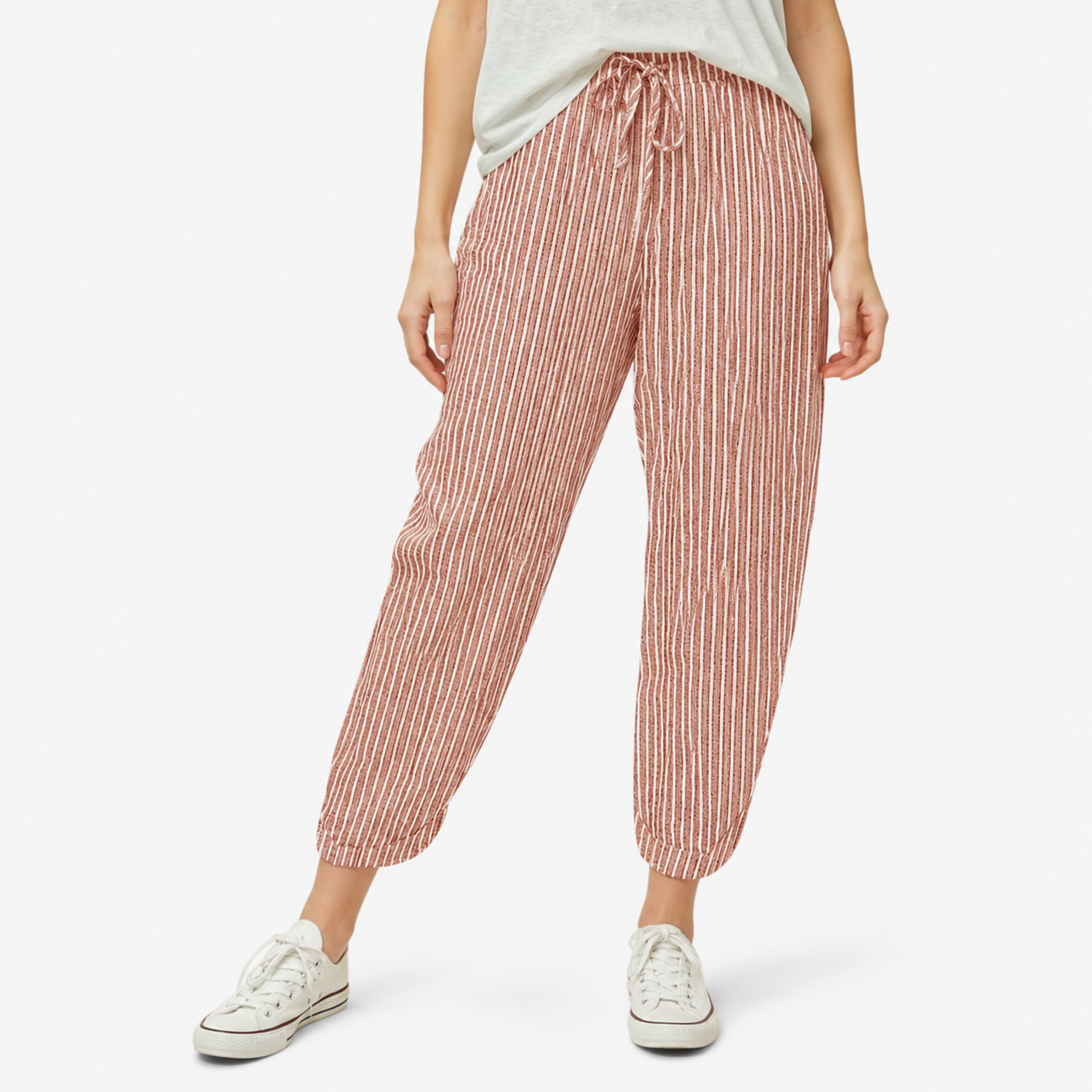 Oldevaine | Women's Striped Elastic Waist Tapered Trousers