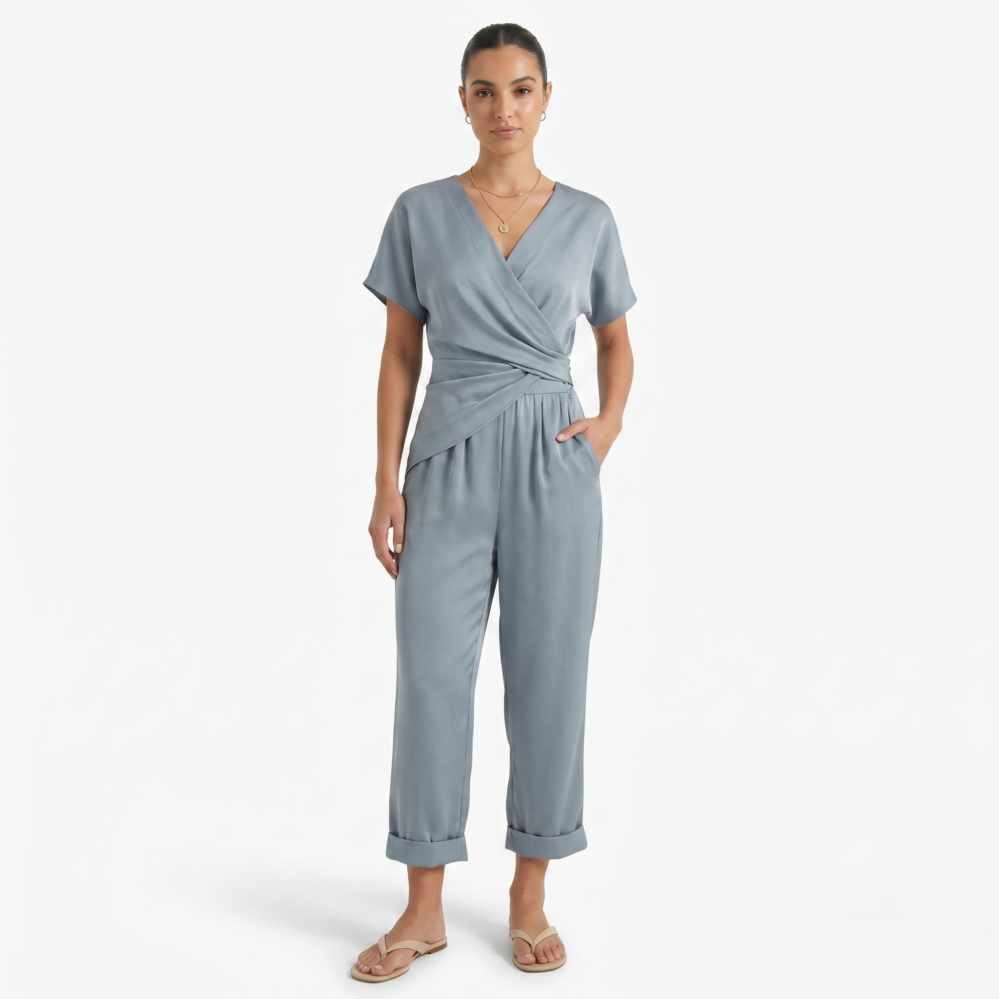 Oldevaine | Two Piece Asymmetrical V-Neck Top and Pants Set