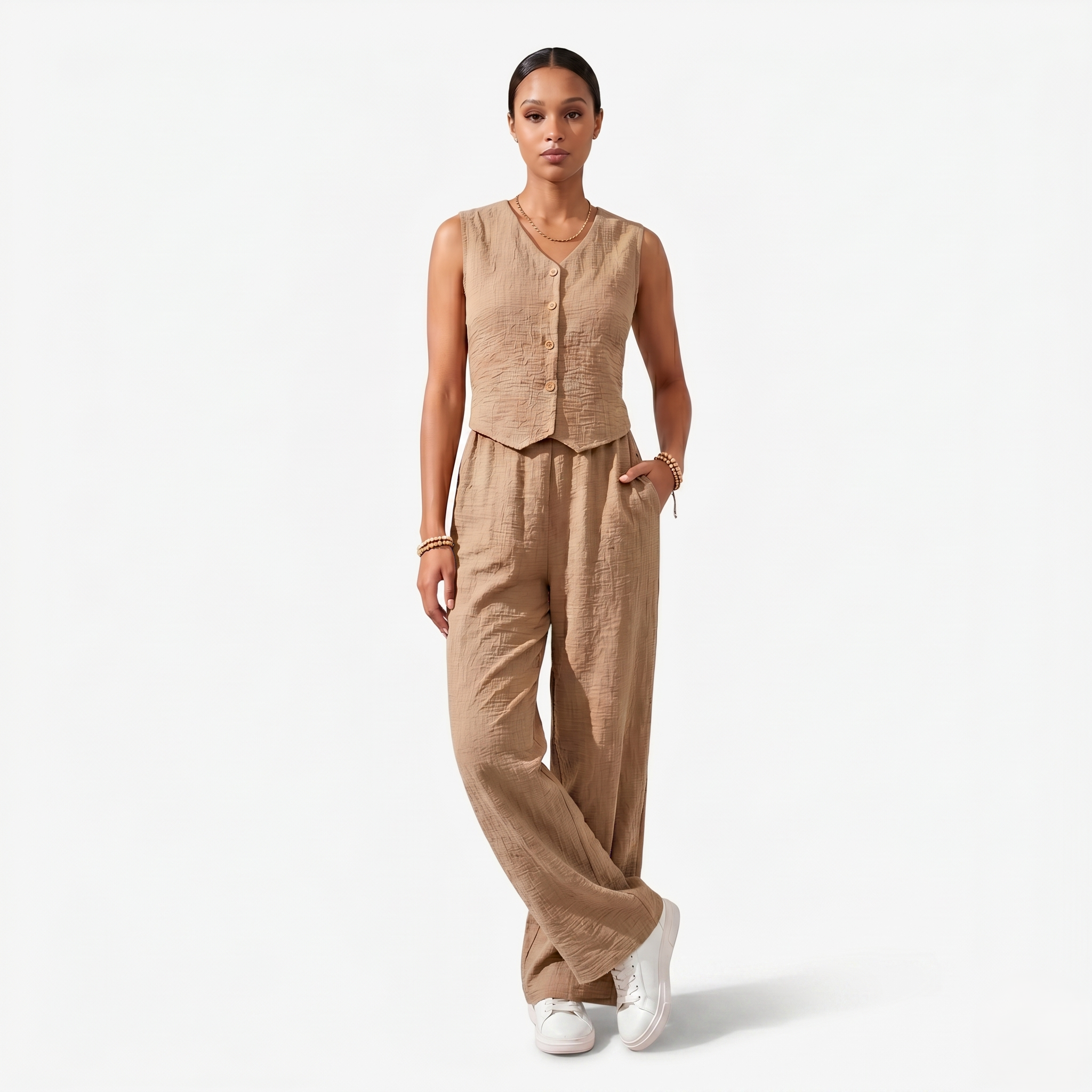 Oldevaine | Women's Two Piece Co Ord Set Wide Leg Trousers Button Front Top