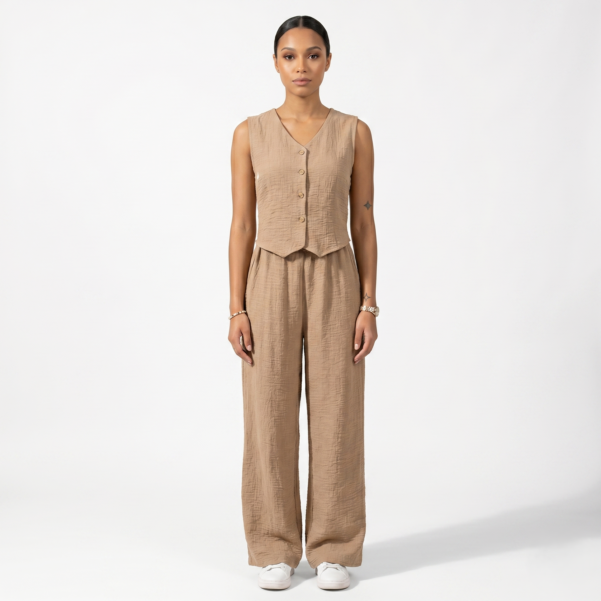 Oldevaine | Women's Two Piece Co Ord Set Wide Leg Trousers Button Front Top