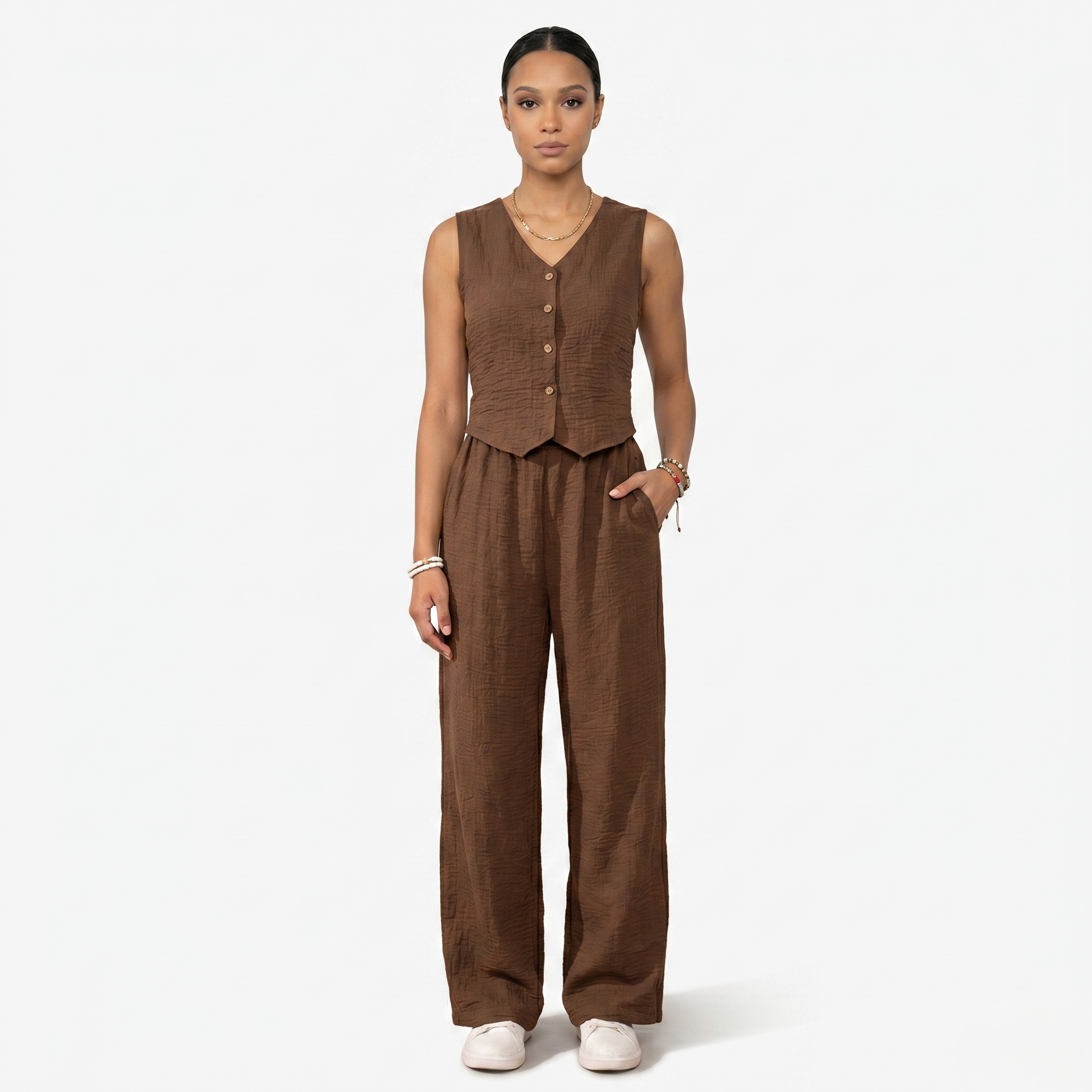 Oldevaine | Women's Two Piece Co Ord Set Wide Leg Trousers Button Front Top