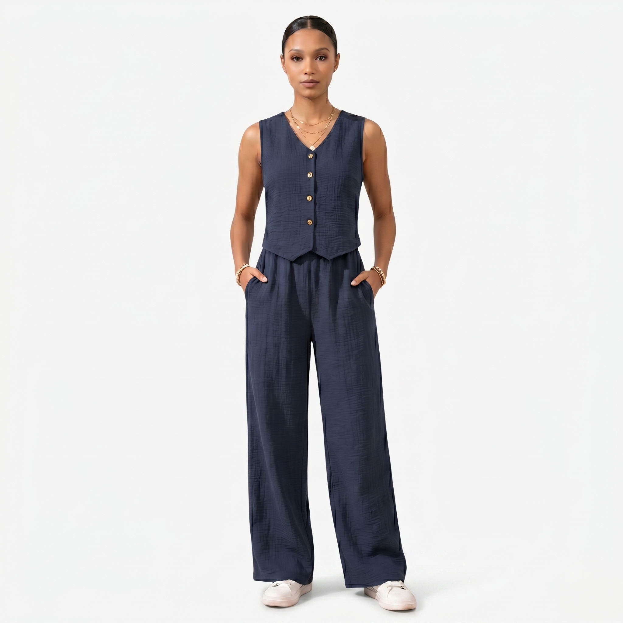 Oldevaine | Women's Two Piece Co Ord Set Wide Leg Trousers Button Front Top