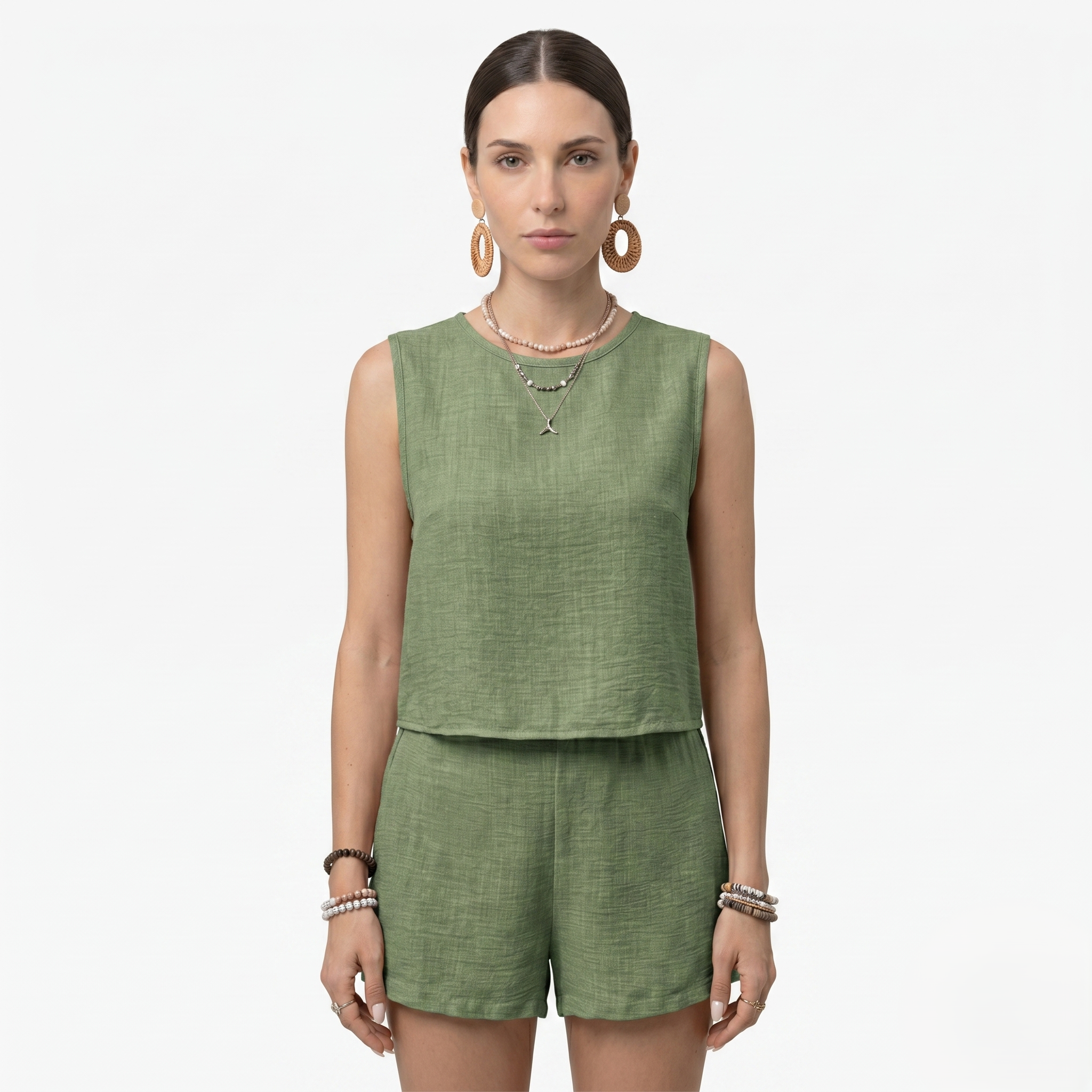 Oldevaine | Women's Two Piece Set Crew Neck Sleeveless Top and Shorts