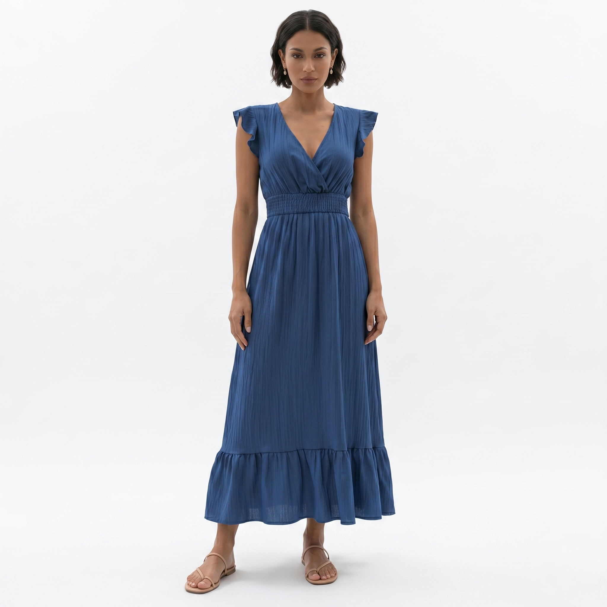 Oldevaine | Women’s V-Neck Flutter Sleeve Maxi Dress Smocked Waist Ruffle Hem