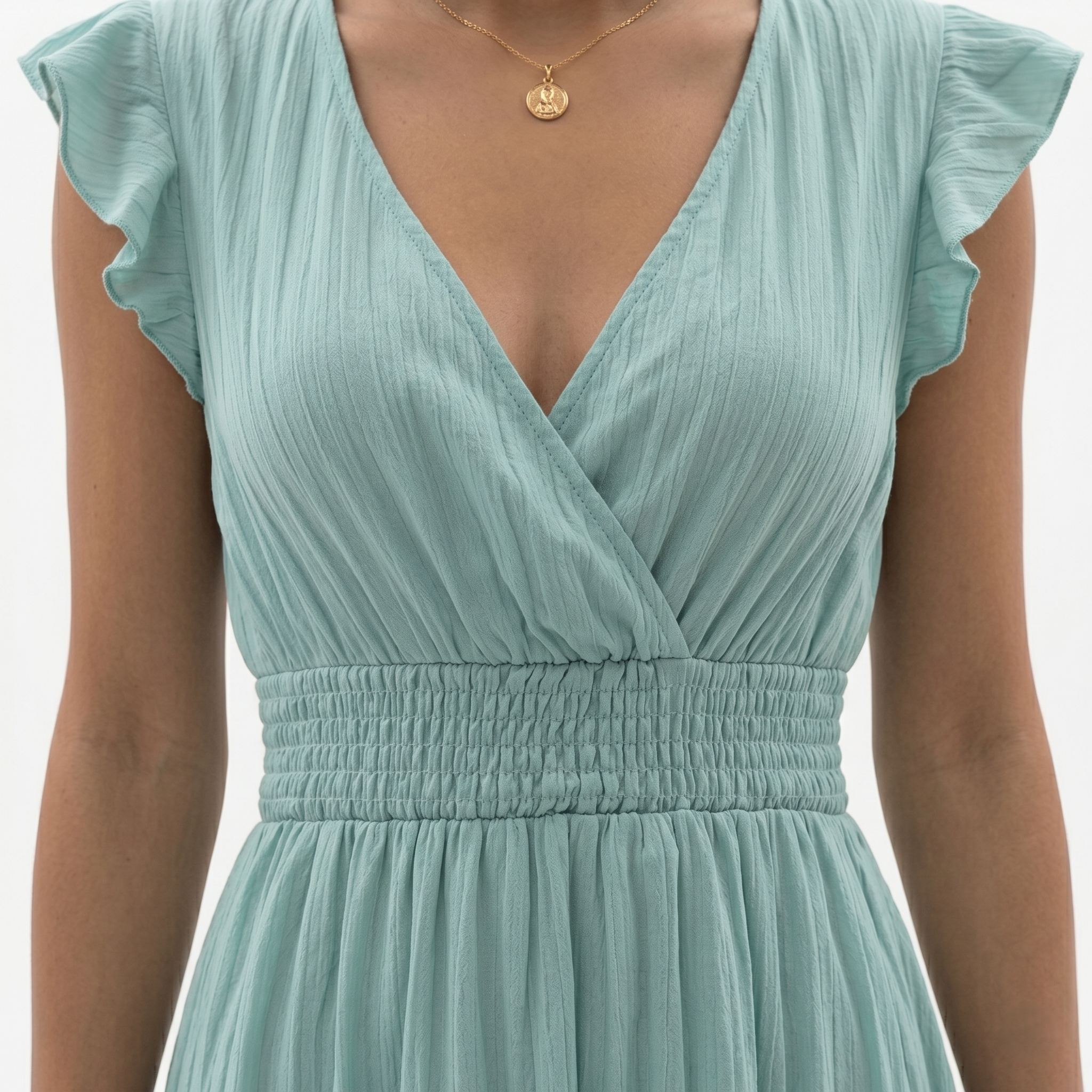 Oldevaine | Women’s V-Neck Flutter Sleeve Maxi Dress Smocked Waist Ruffle Hem