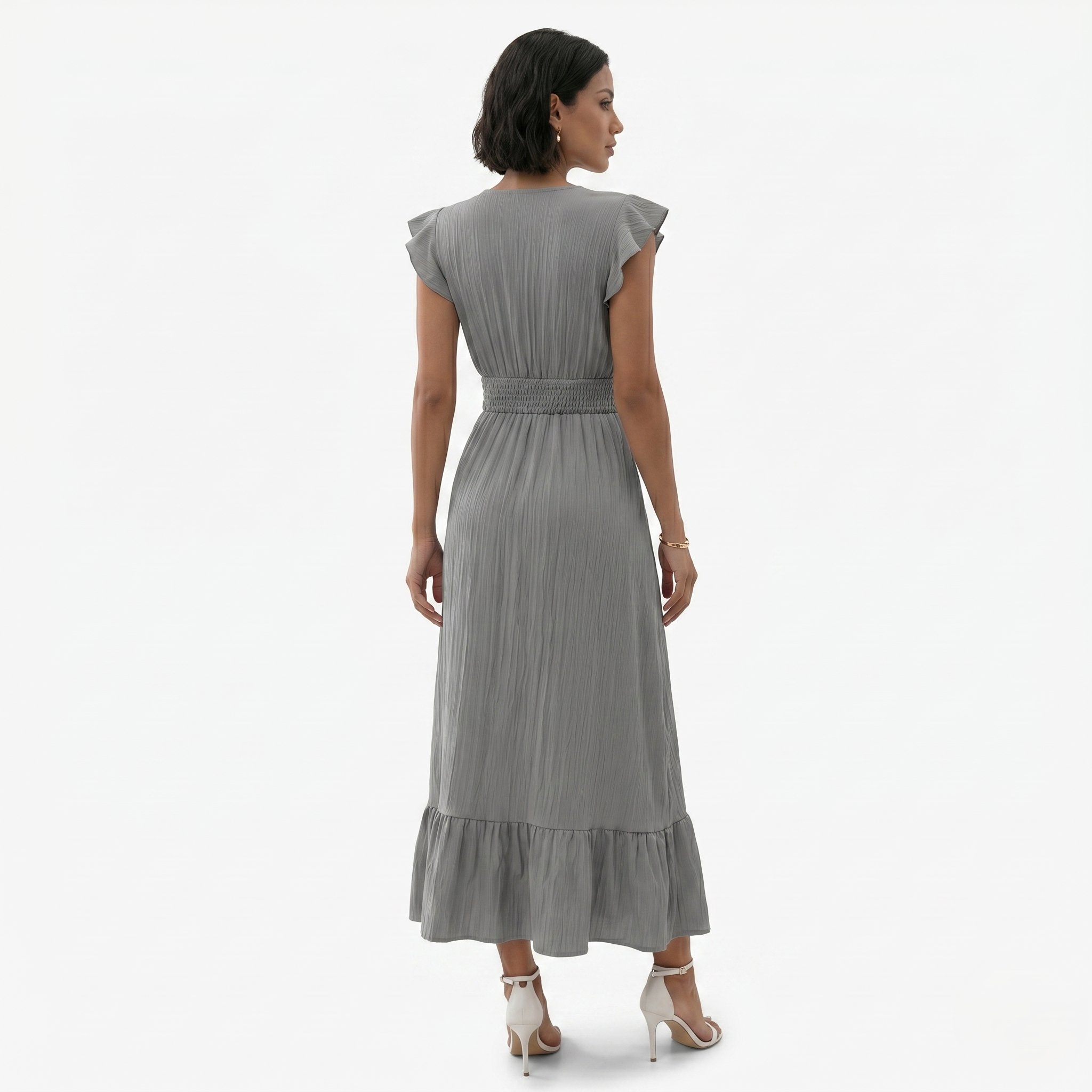 Oldevaine | Women’s V-Neck Flutter Sleeve Maxi Dress Smocked Waist Ruffle Hem