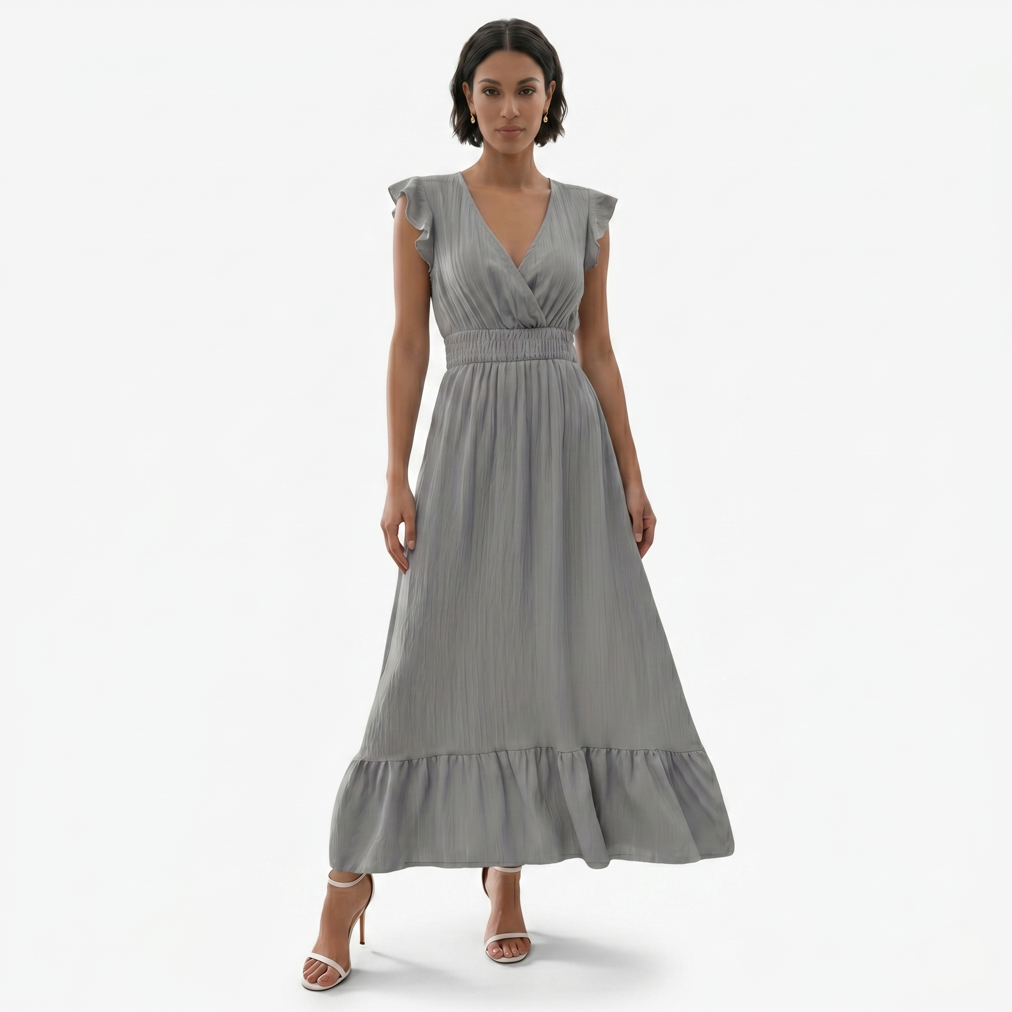 Oldevaine | Women’s V-Neck Flutter Sleeve Maxi Dress Smocked Waist Ruffle Hem
