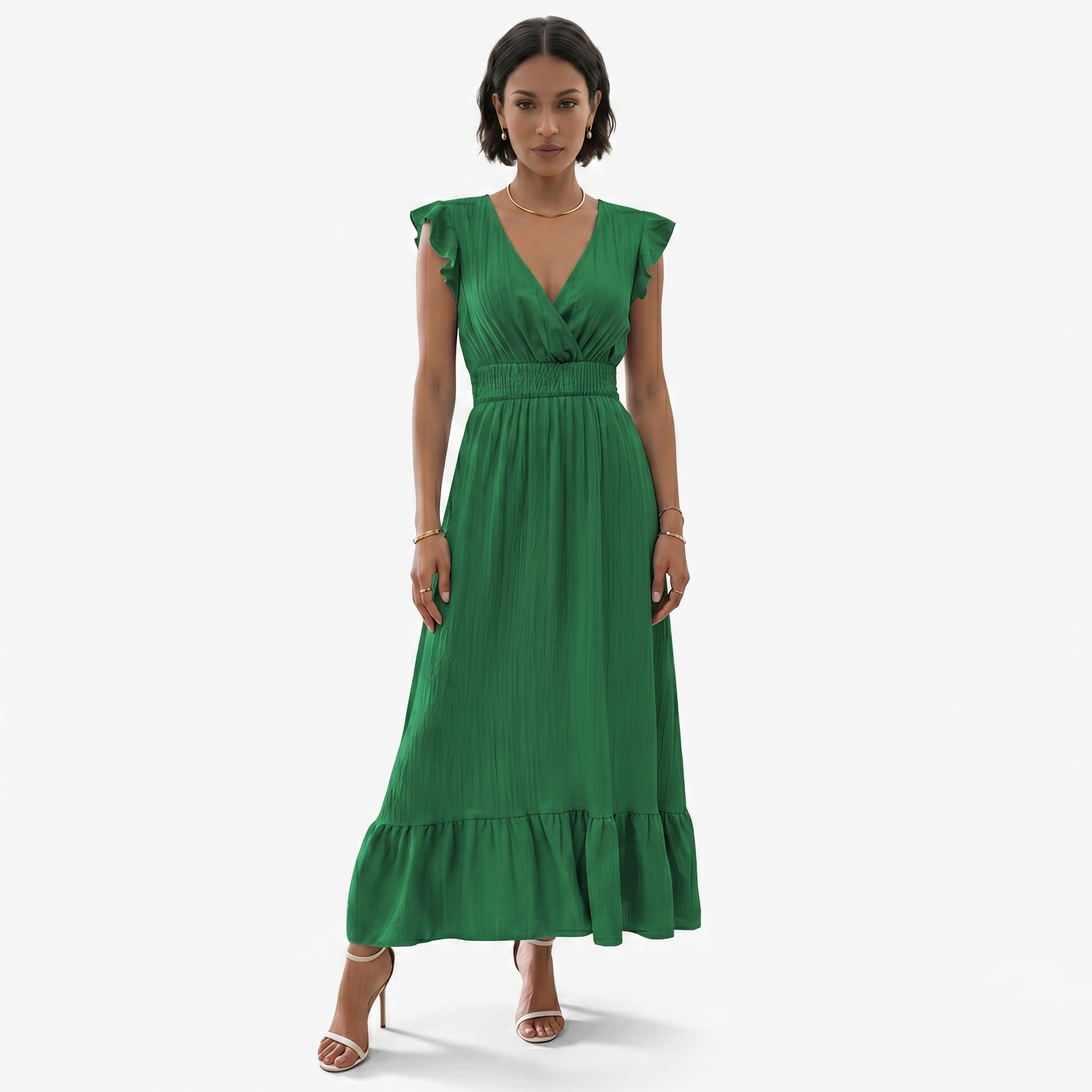 Oldevaine | Women’s V-Neck Flutter Sleeve Maxi Dress Smocked Waist Ruffle Hem