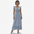 Oldevaine | Women’s V-Neck Flutter Sleeve Maxi Dress Smocked Waist Ruffle Hem