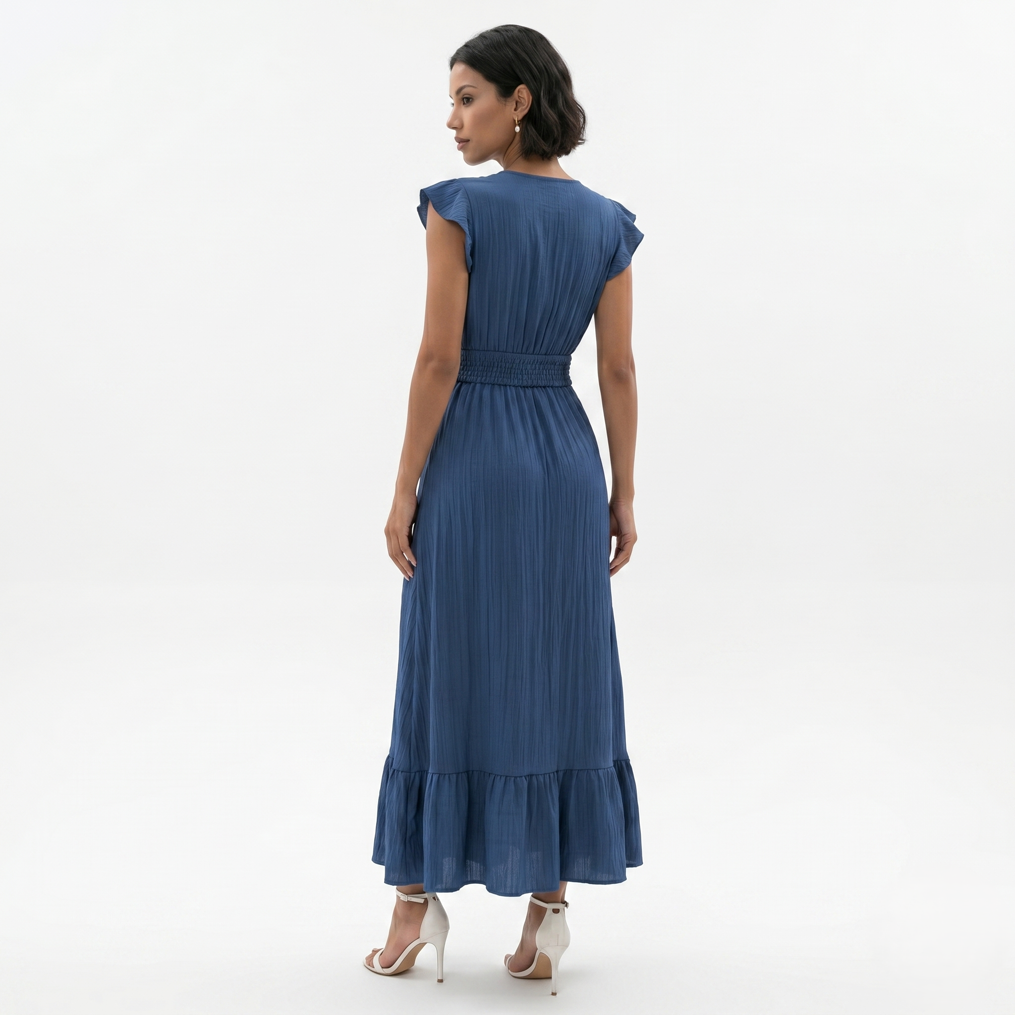 Oldevaine | Women’s V-Neck Flutter Sleeve Maxi Dress Smocked Waist Ruffle Hem